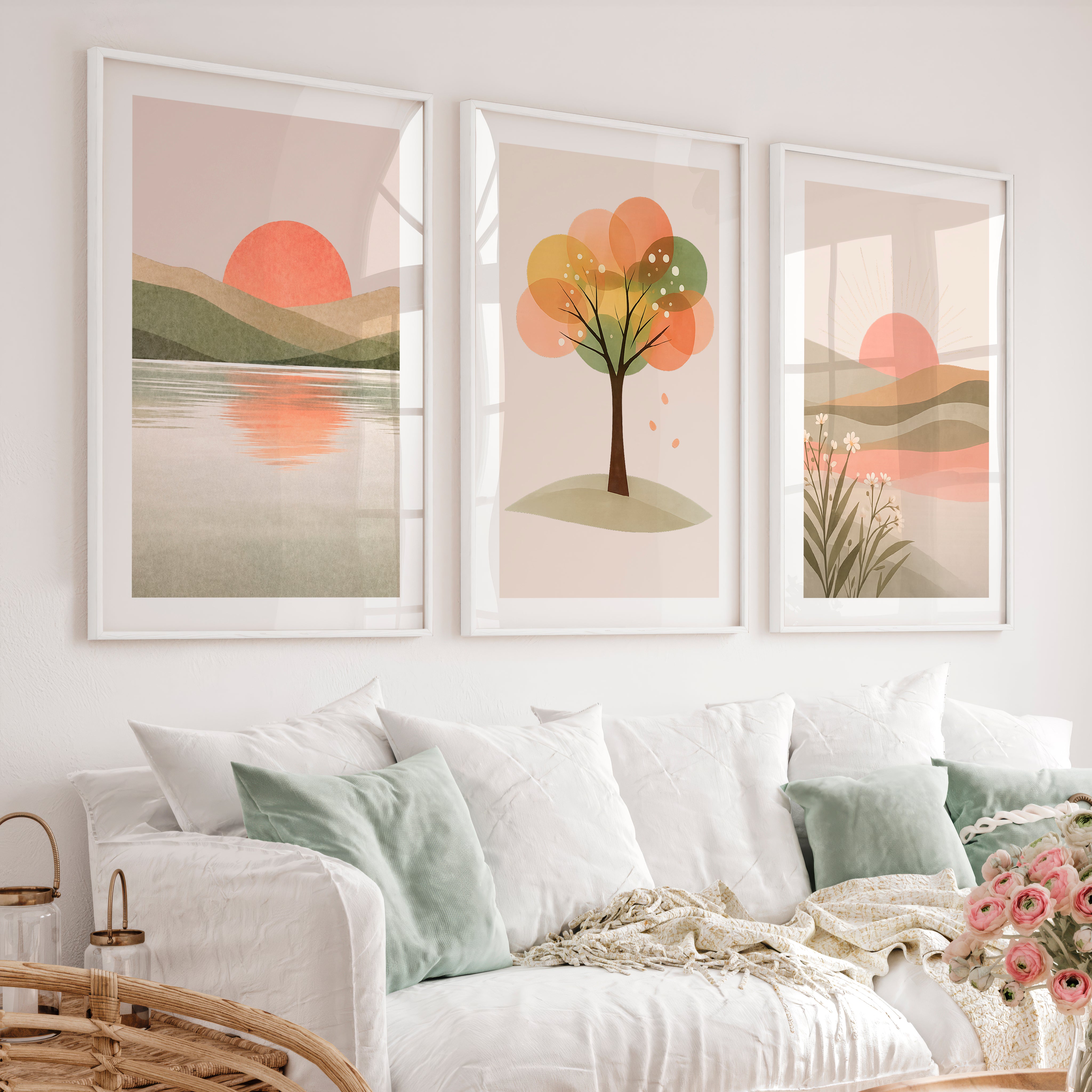 Sunlit Horizon wall art japandi - White Framed Poster with White Border - Artworksets