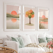 Sunlit Horizon wall art japandi - White Framed Poster with White Border - Artworksets