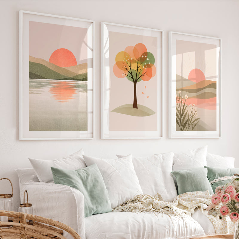 Sunlit Horizon wall art japandi - White Framed Poster with White Border - Artworksets