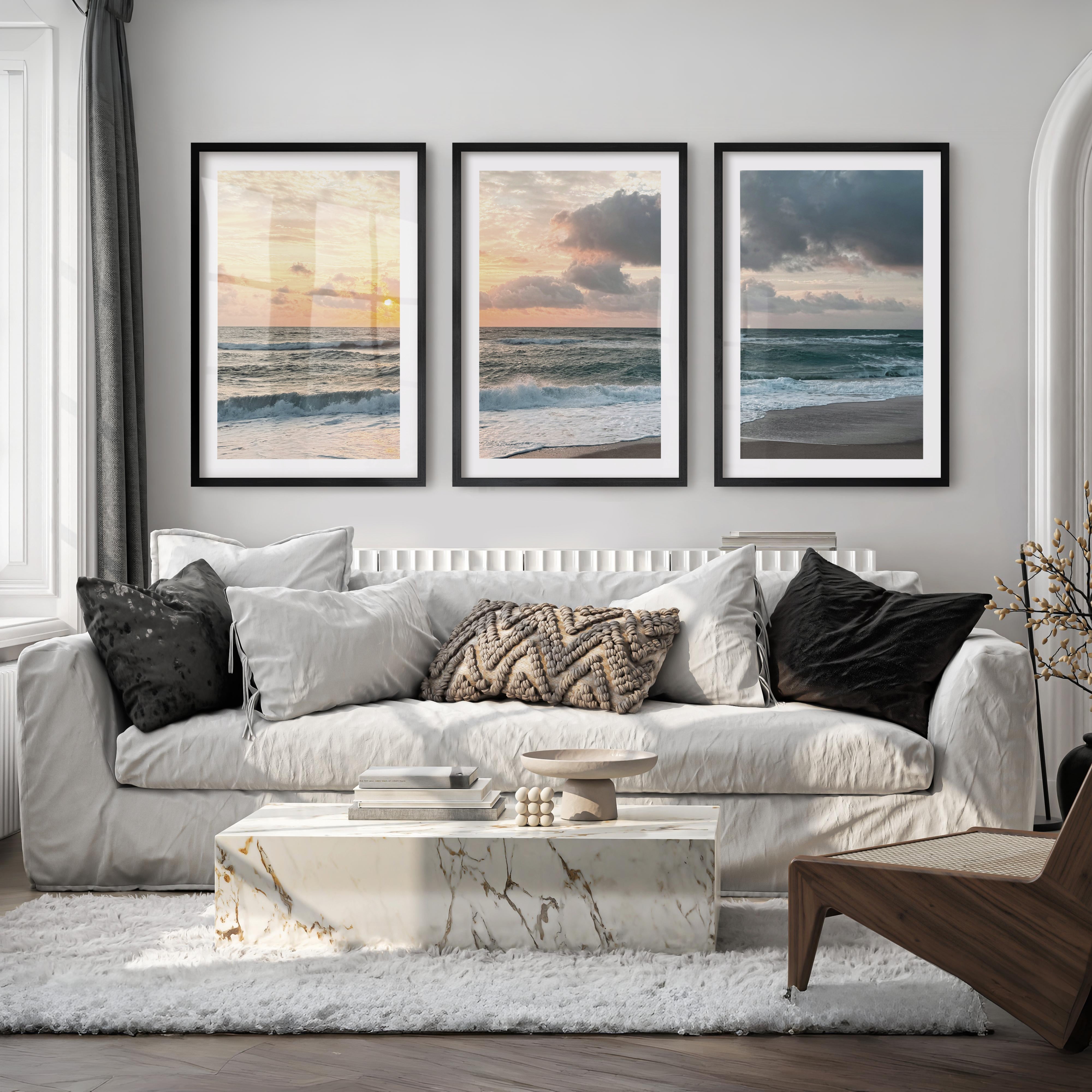 Sunset Shore wall art ocean waves - Black Framed Poster with White Border - Artworksets