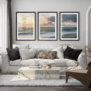 Sunset Shore wall art ocean waves - Black Framed Poster with White Border - Artworksets