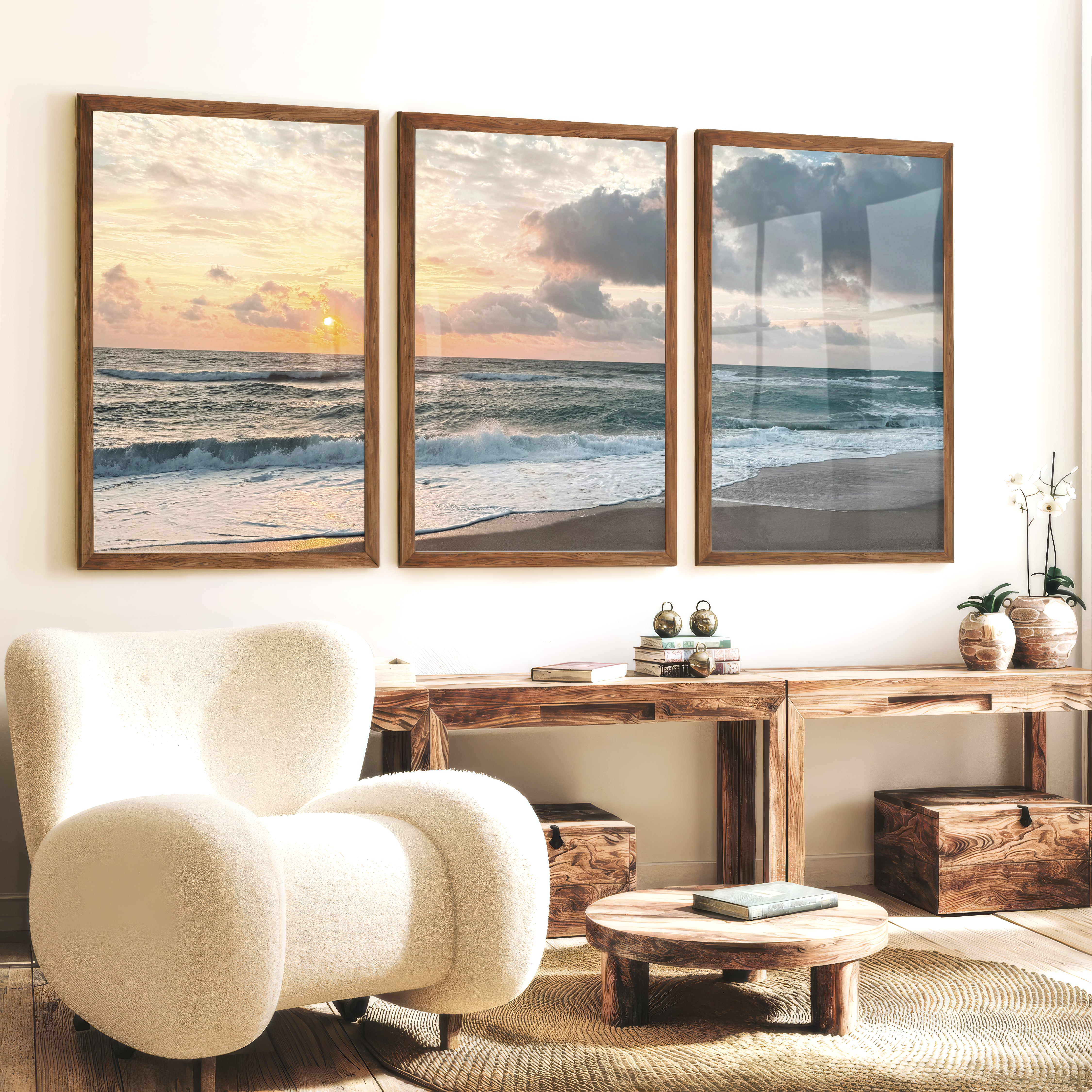 Sunset Shore wall art ocean waves - Dark Brown Framed Poster No Border - Artworksets