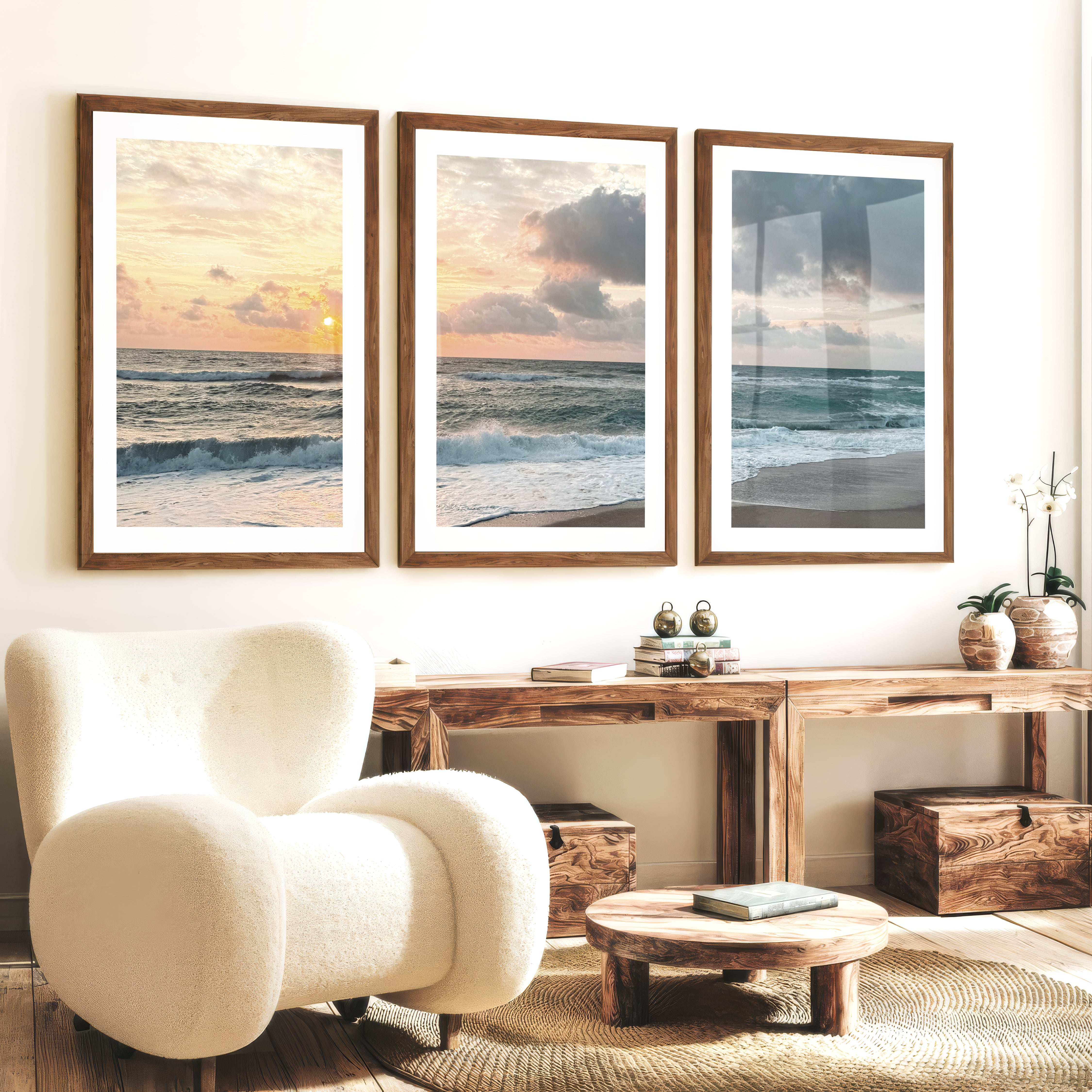 Sunset Shore wall art ocean waves - Dark Brown Framed Poster with White Border - Artworksets