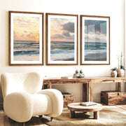 Sunset Shore wall art ocean waves - Dark Brown Framed Poster with White Border - Artworksets