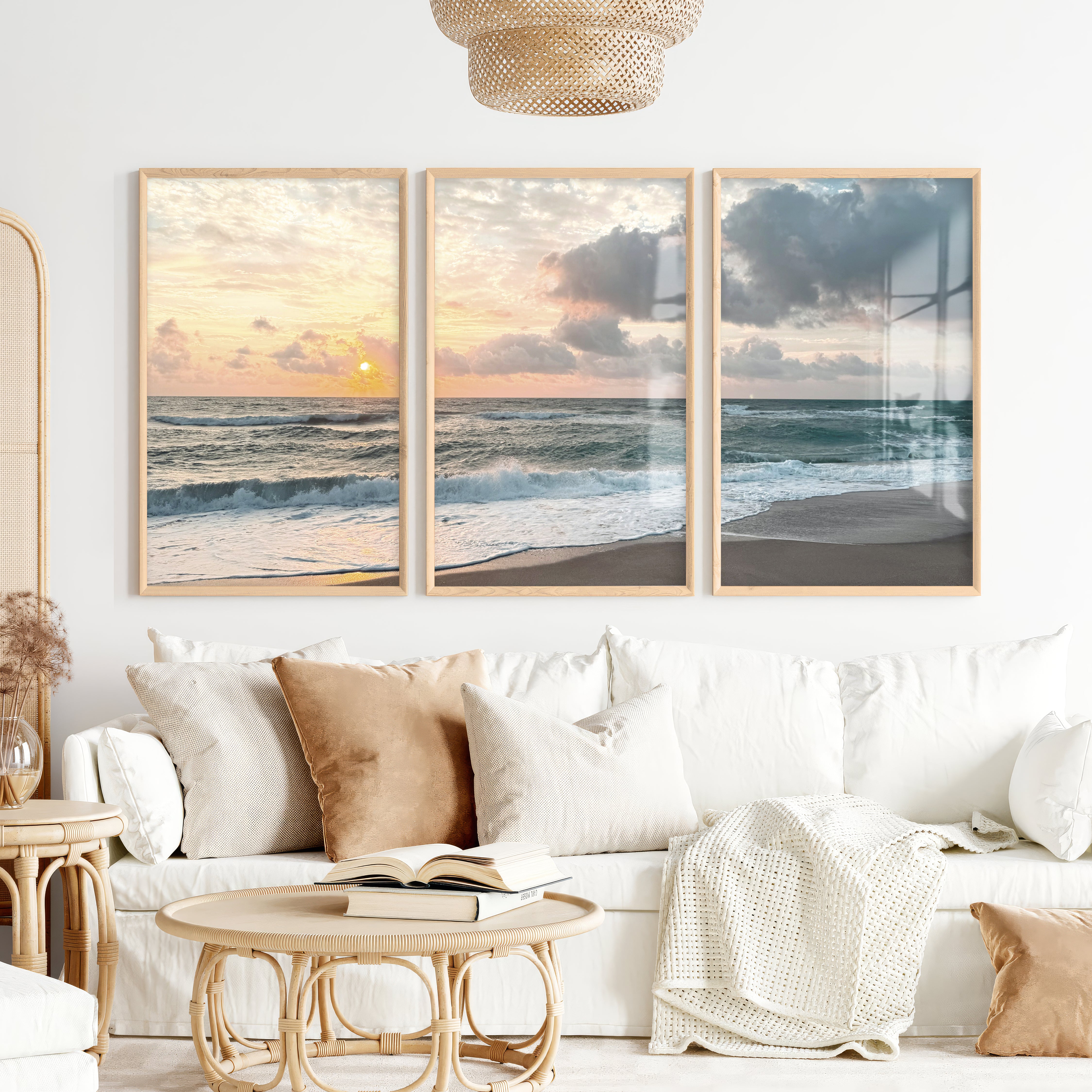 Sunset Shore wall art ocean waves - Natural Wood Framed Poster No Border - Artworksets