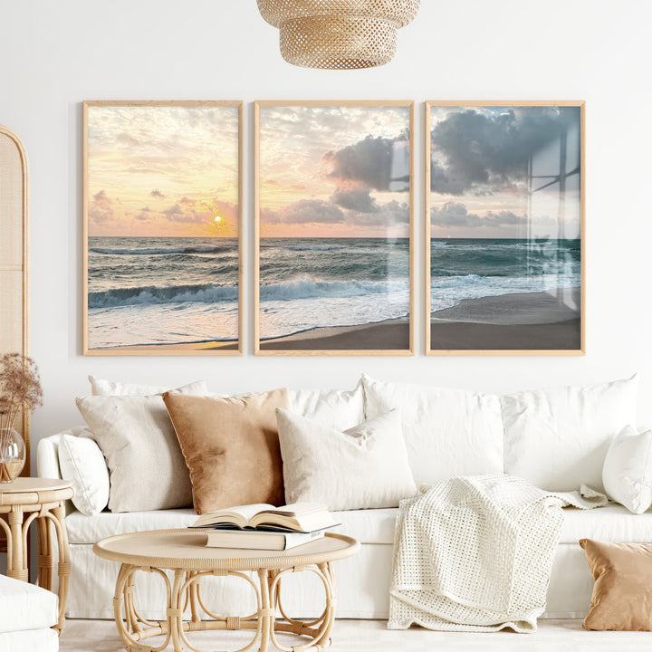 Sunset Shore wall art ocean waves - Natural Wood Framed Poster No Border - Artworksets