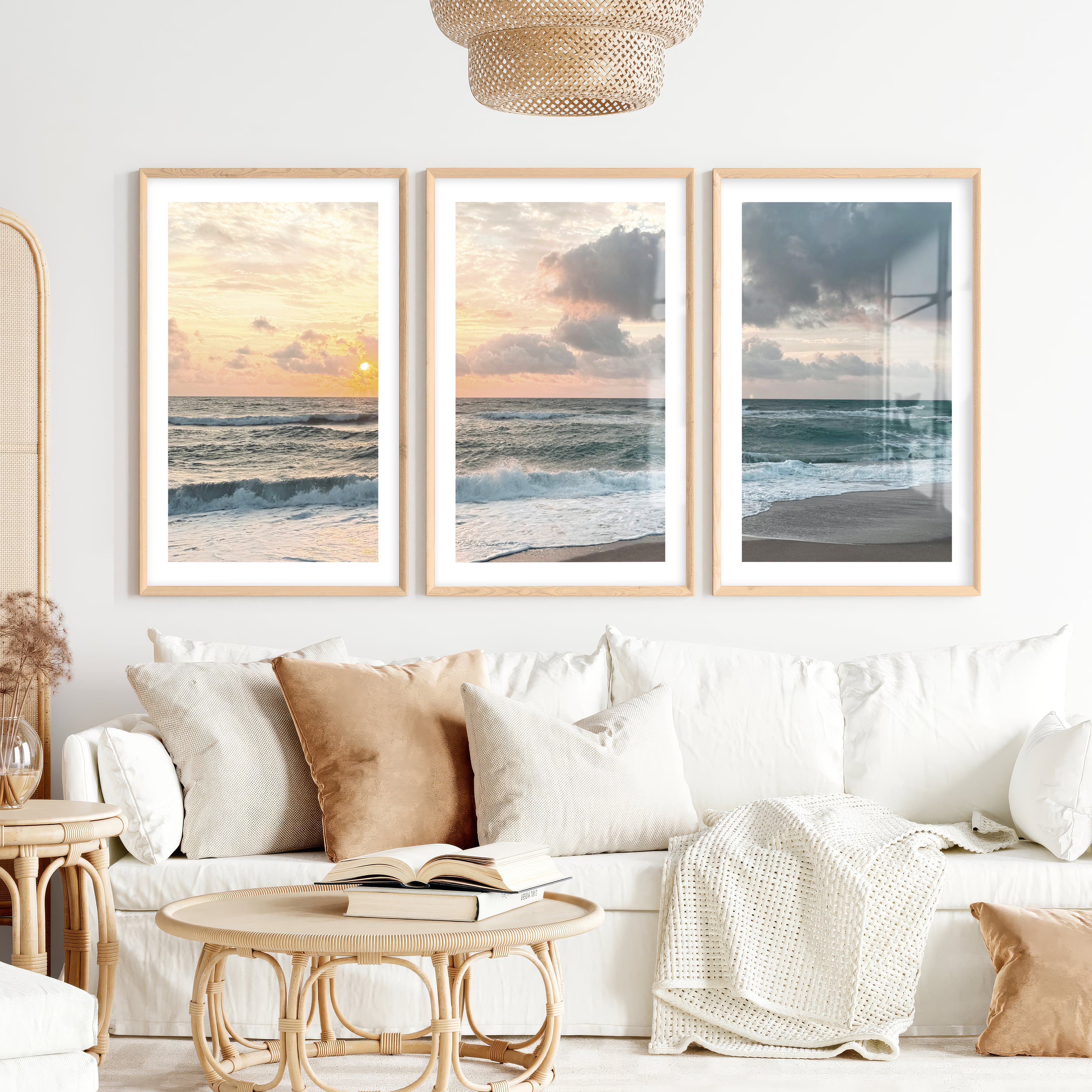Sunset Shore wall art ocean waves- Natural Wood Framed Poster with White Border - Artworksets