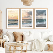 Sunset Shore wall art ocean waves- Natural Wood Framed Poster with White Border - Artworksets