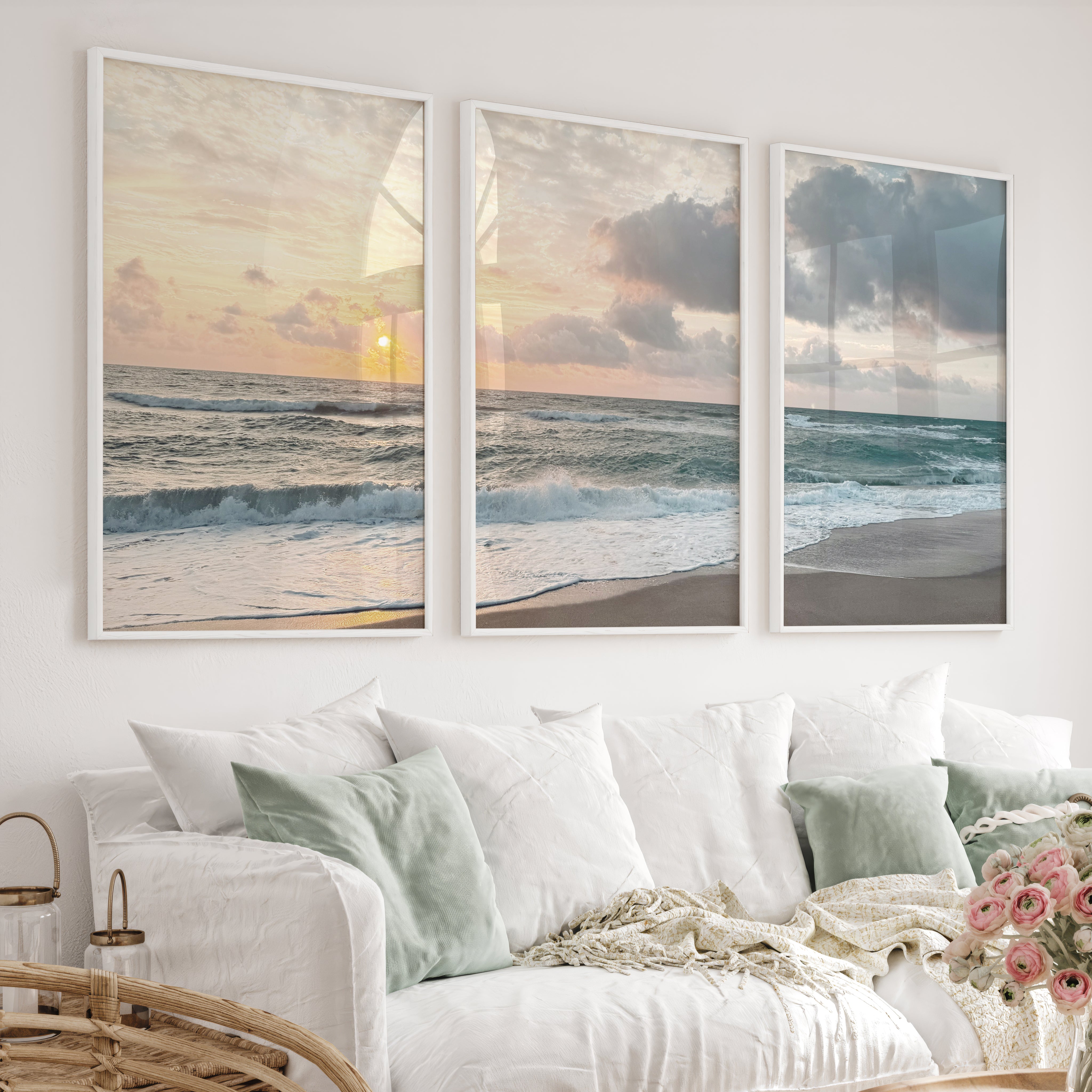 Sunset Shore wall art ocean waves - White Framed Poster No Border - Artworksets