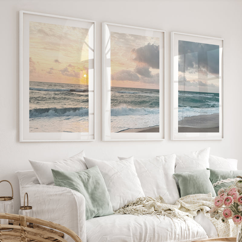 Sunset Shore wall art ocean waves - White Framed Poster with White Border - Artworksets