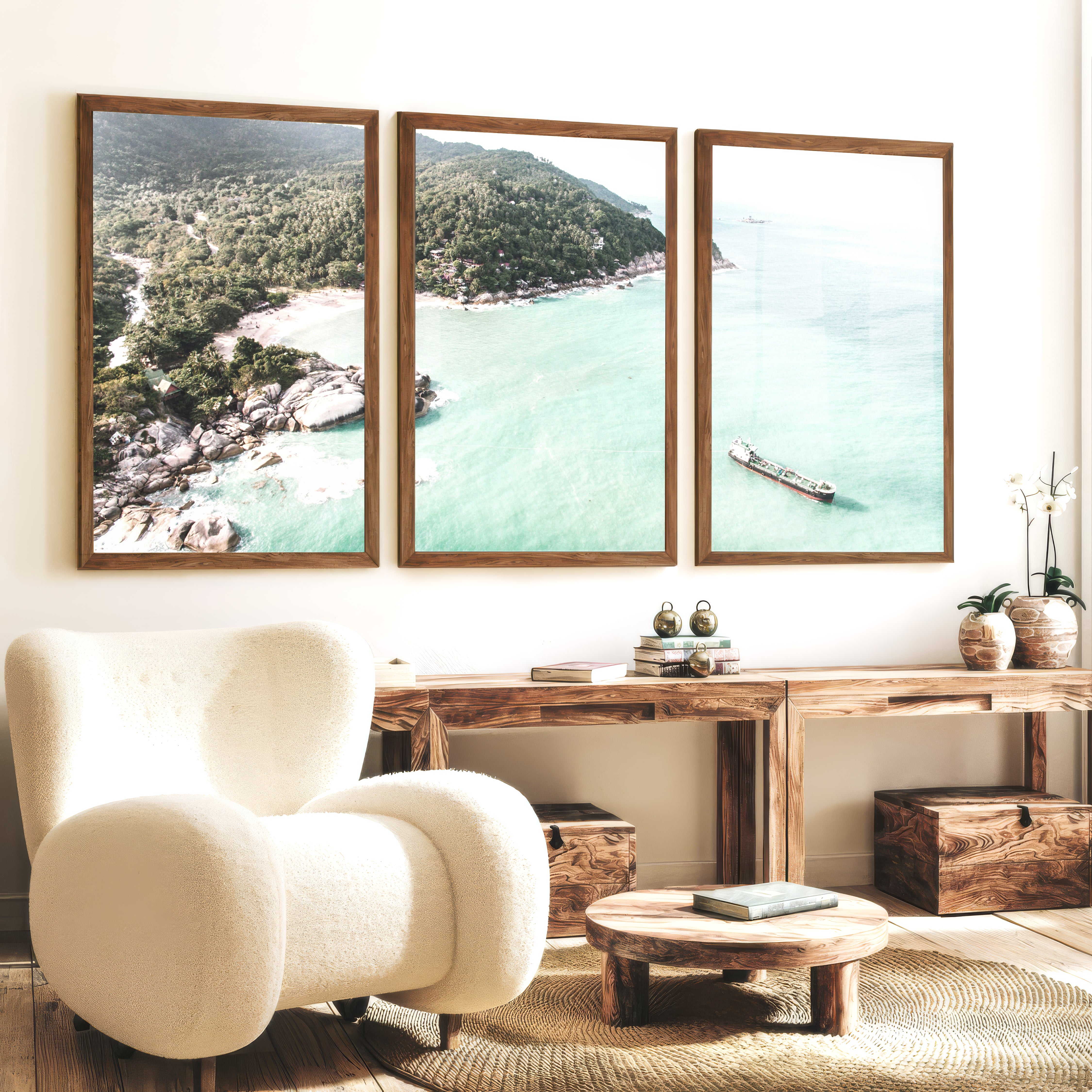 Tropical Bay wall art of ocean - Dark Brown Framed Poster No Border - Artworksets