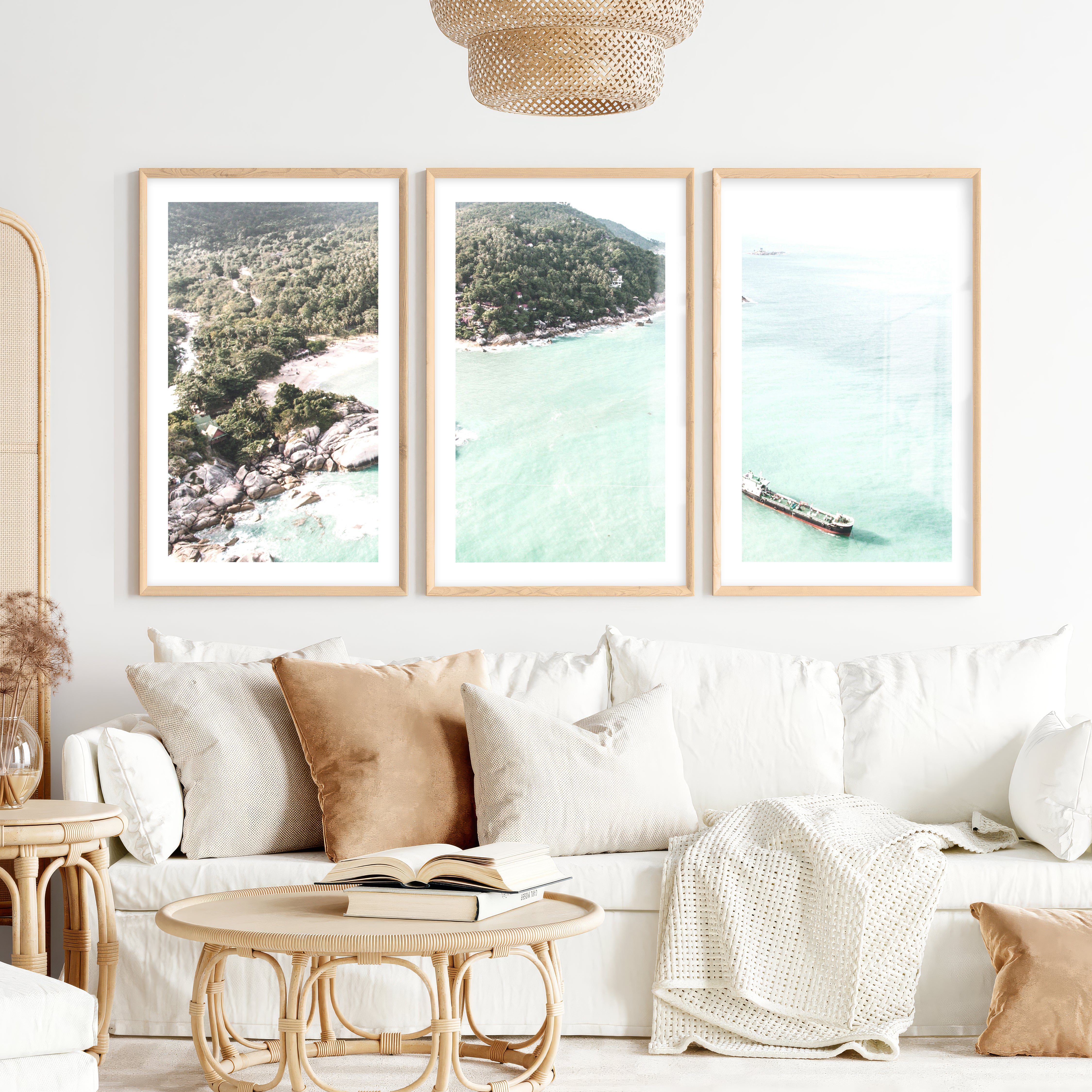 Tropical Bay wall art of ocean- Natural Wood Framed Poster with White Border - Artworksets