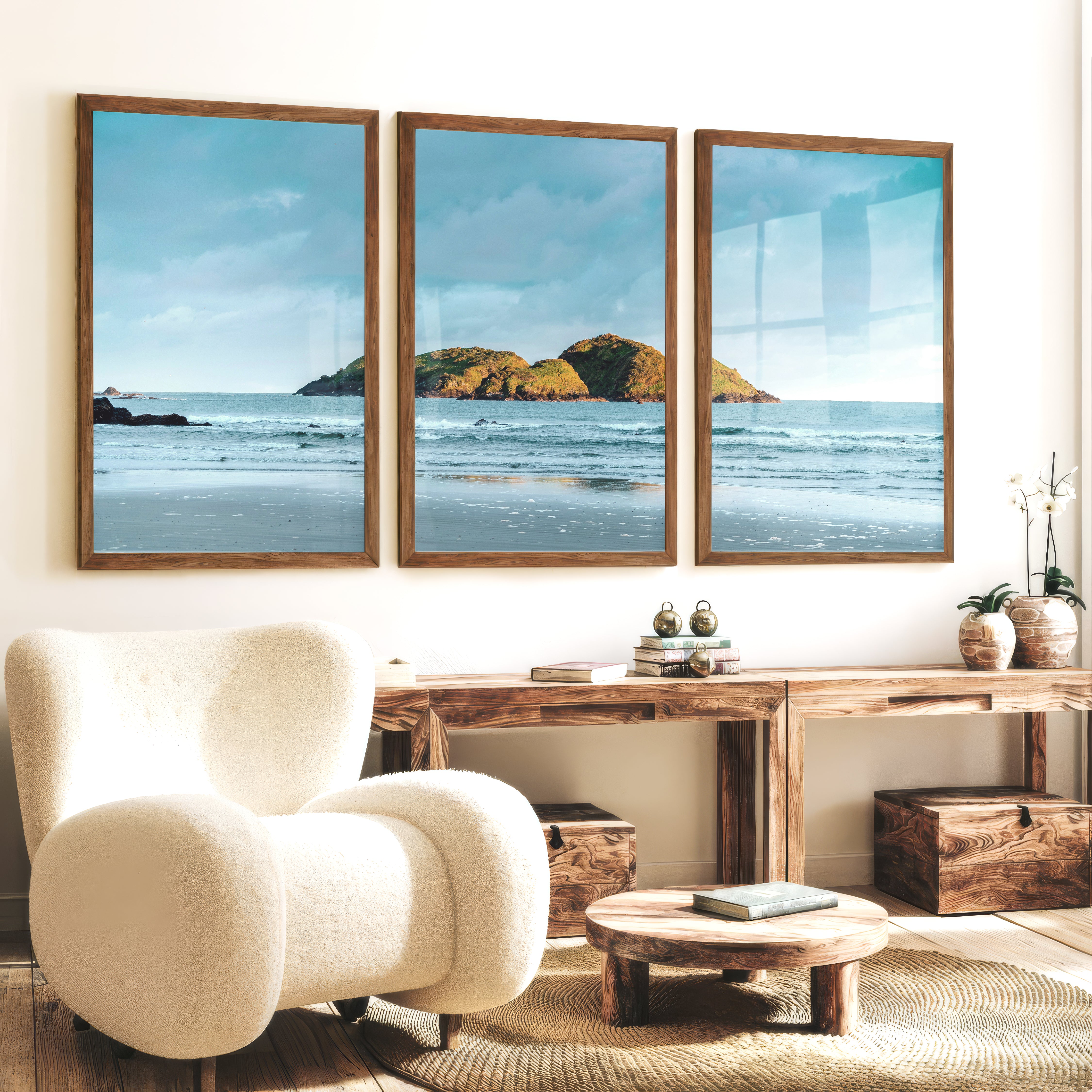 Green Island wall art of the ocean Photography - Dark Brown Framed Poster No Border - Artworksets