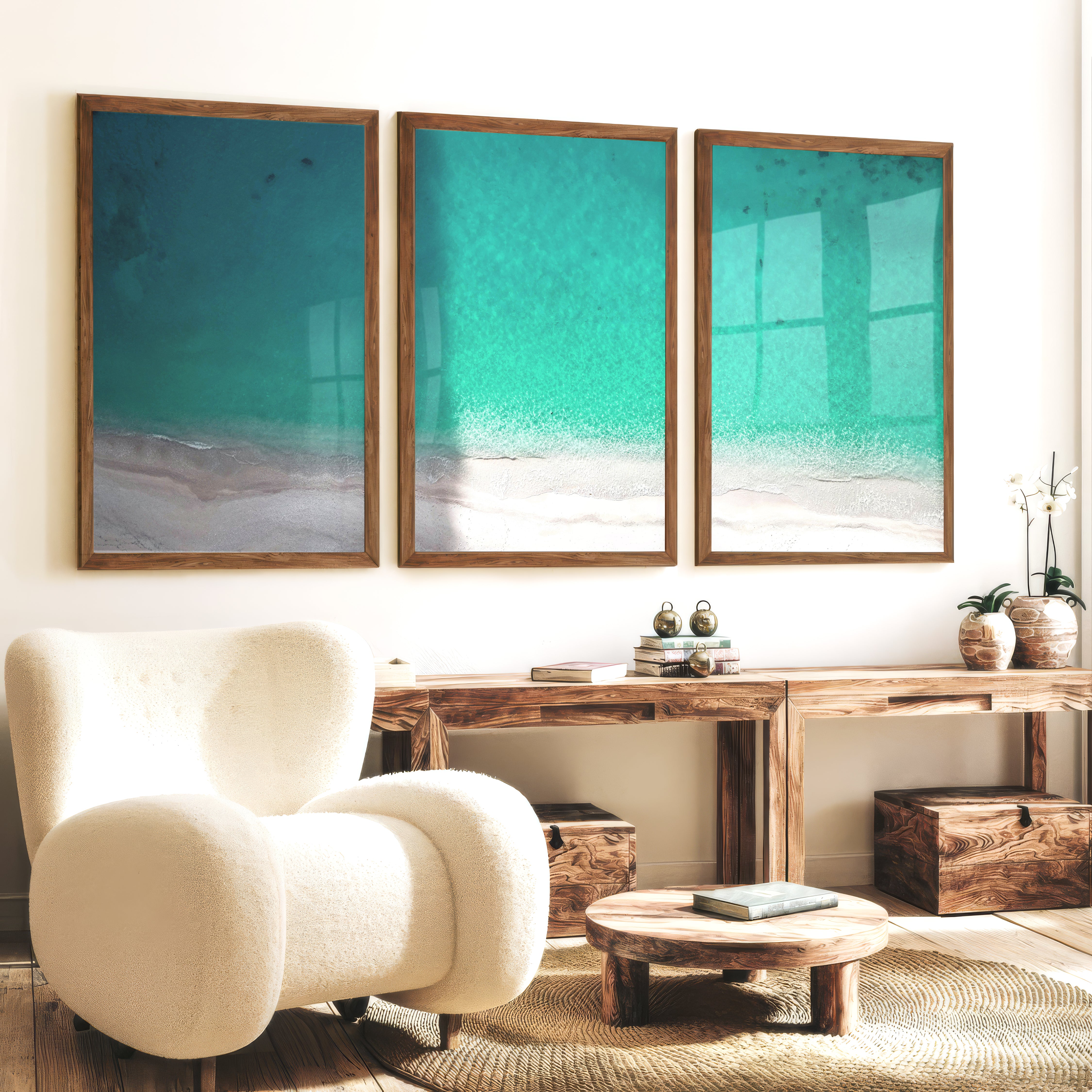 Aerial Shoreline Wall Beach Art - Dark Brown Framed Poster No Border - Artworksets