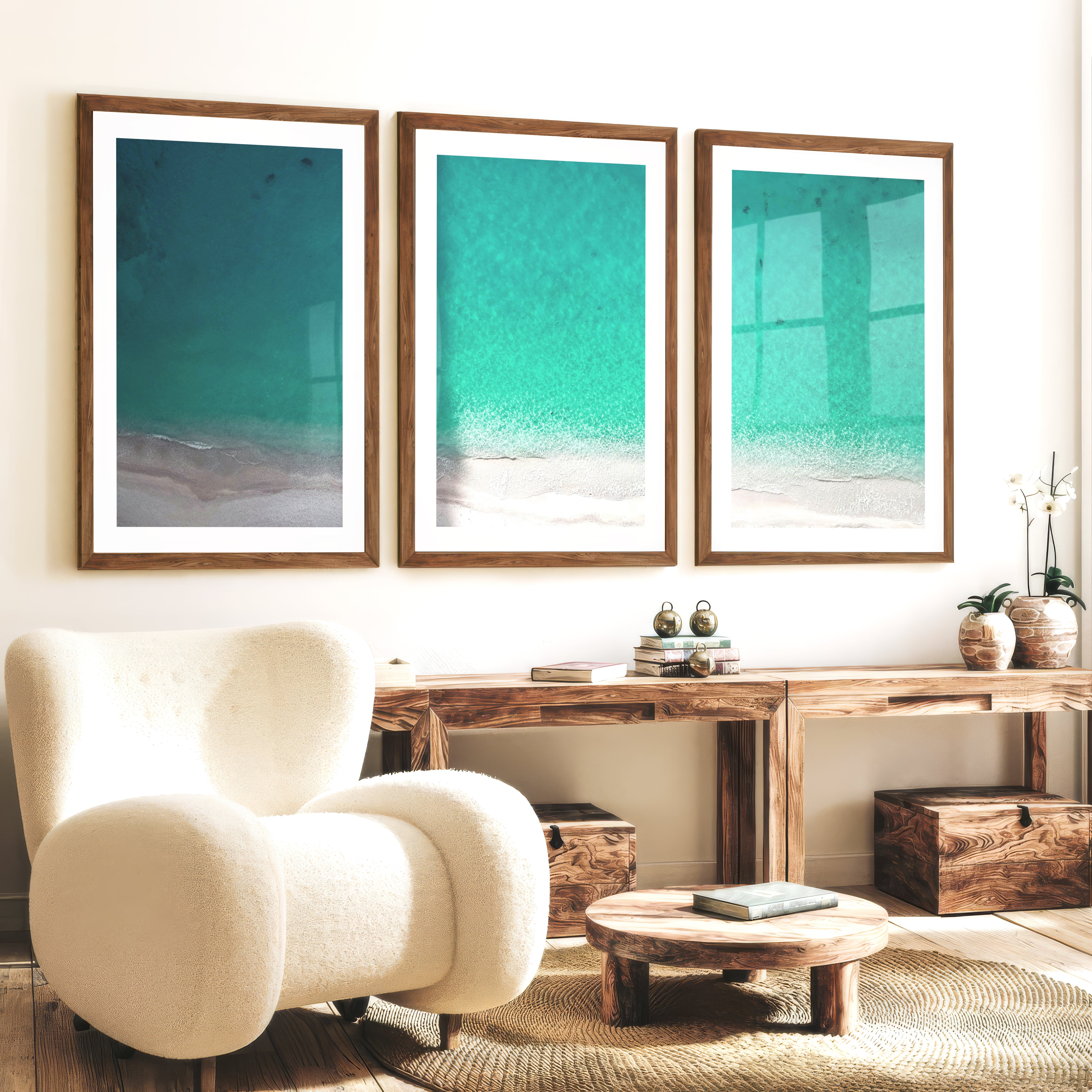 Aerial Shoreline Wall Beach Art - Dark Brown Framed Poster with White Border - Artworksets