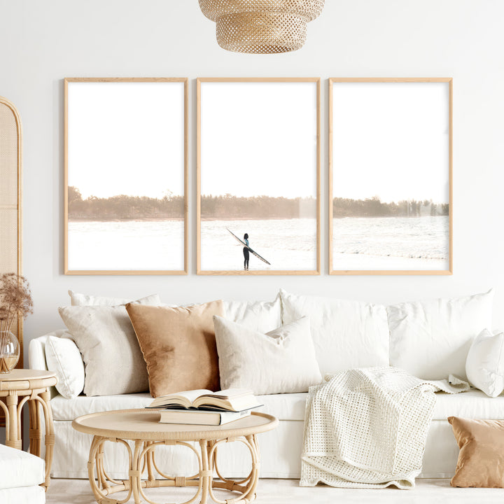 Surfer at Soft Sunrise Wall Beach Art - Natural Wood Framed Poster No Border - Artworksets