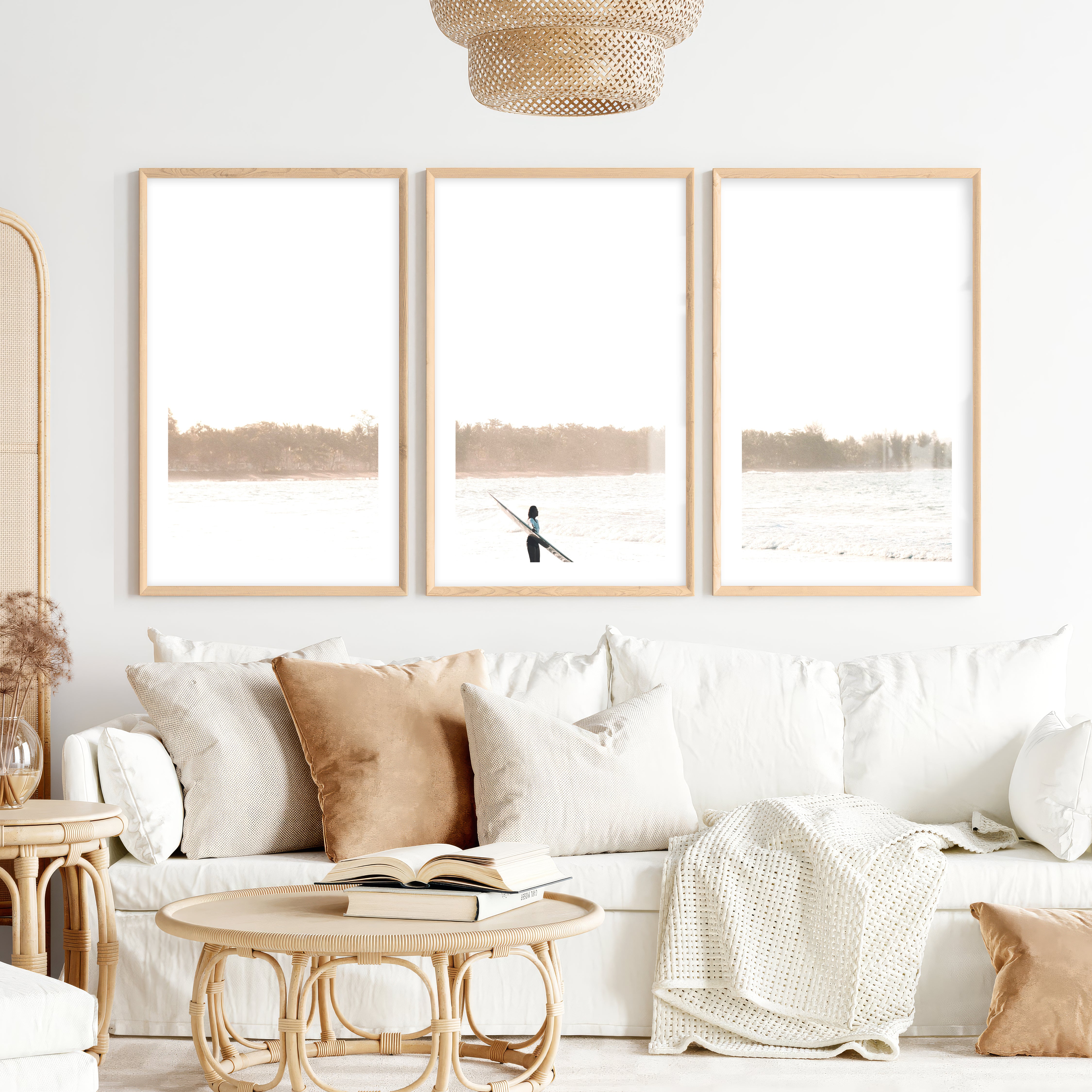 Surfer at Soft Sunrise Wall Beach Art- Natural Wood Framed Poster with White Border - Artworksets