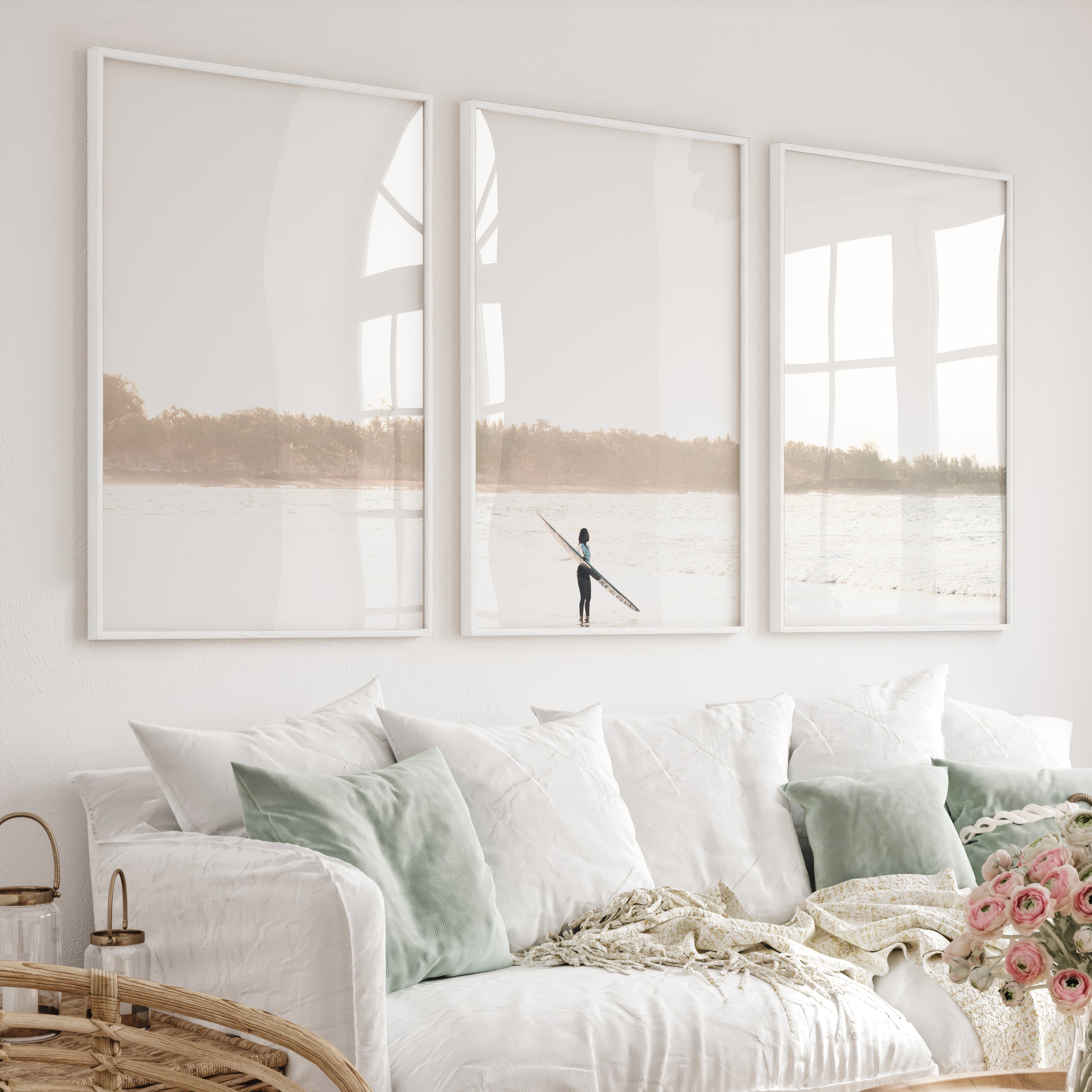 Surfer at Soft Sunrise Wall Beach Art - White Framed Poster No Border - Artworksets