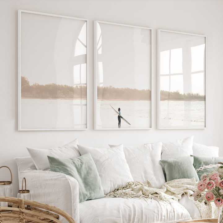 Surfer at Soft Sunrise Wall Beach Art - White Framed Poster No Border - Artworksets