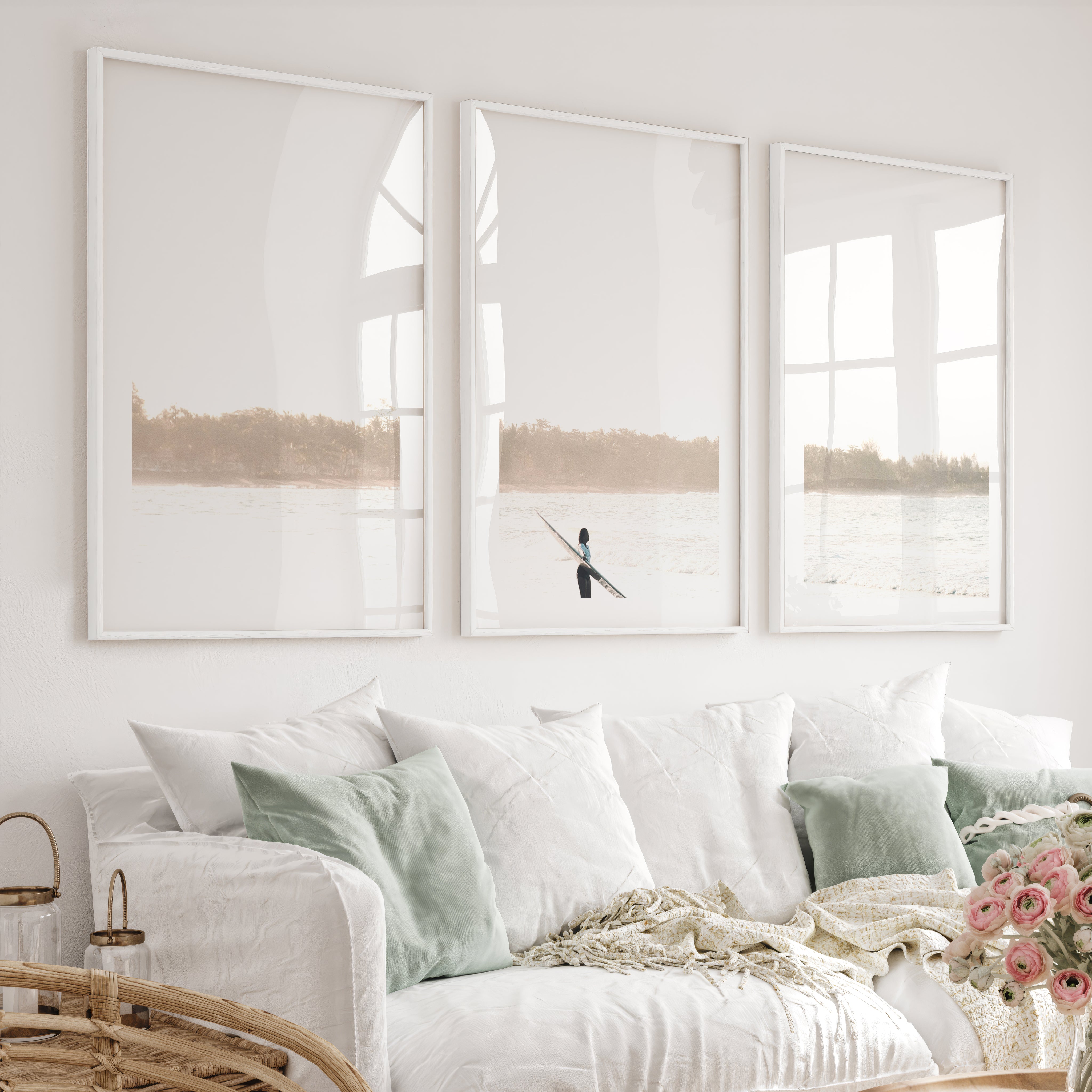Surfer at Soft Sunrise Wall Beach Art - White Framed Poster with White Border - Artworksets