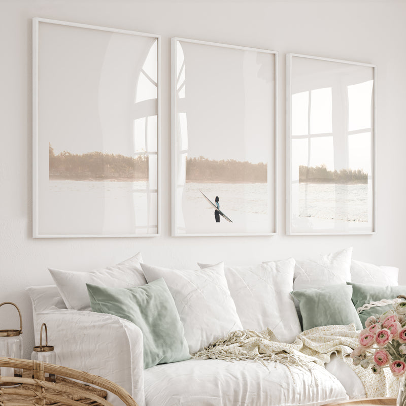 Surfer at Soft Sunrise Wall Beach Art - White Framed Poster with White Border - Artworksets