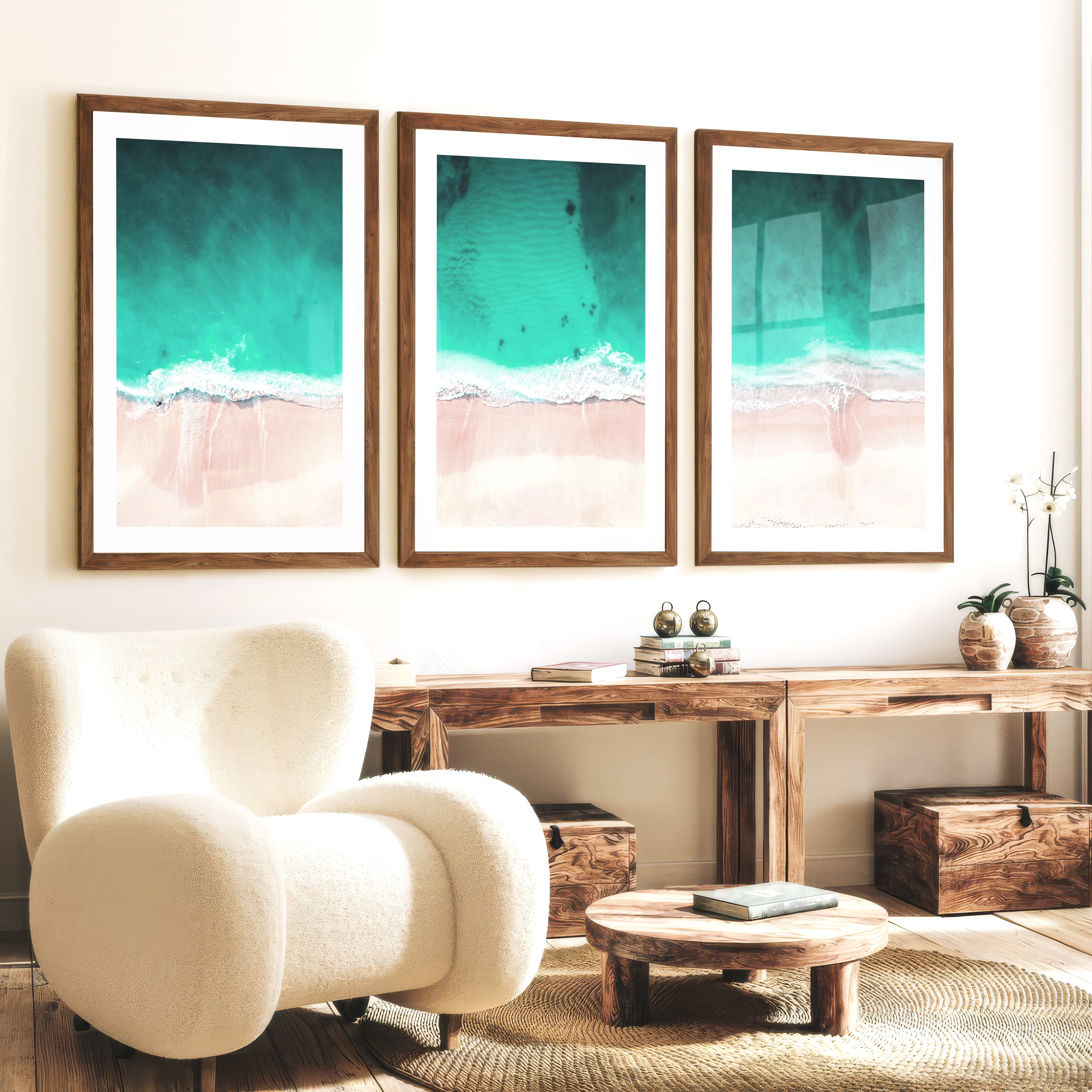 Aerial Shoreline Wall Coastal Decor - Dark Brown Framed Poster with White Border - Artworksets
