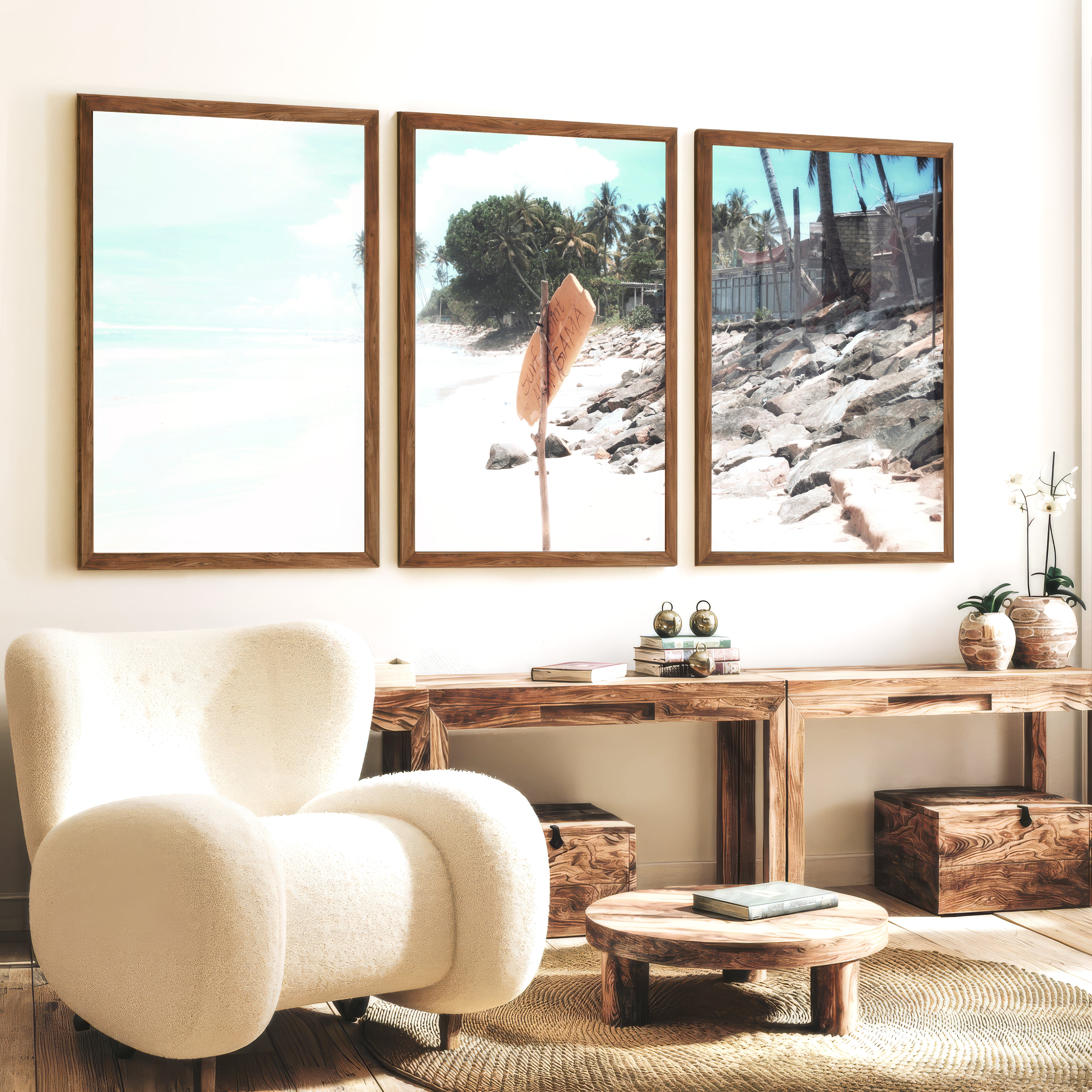 Yellow Surf Sign wall coastal decor - Dark Brown Framed Poster No Border - Artworksets