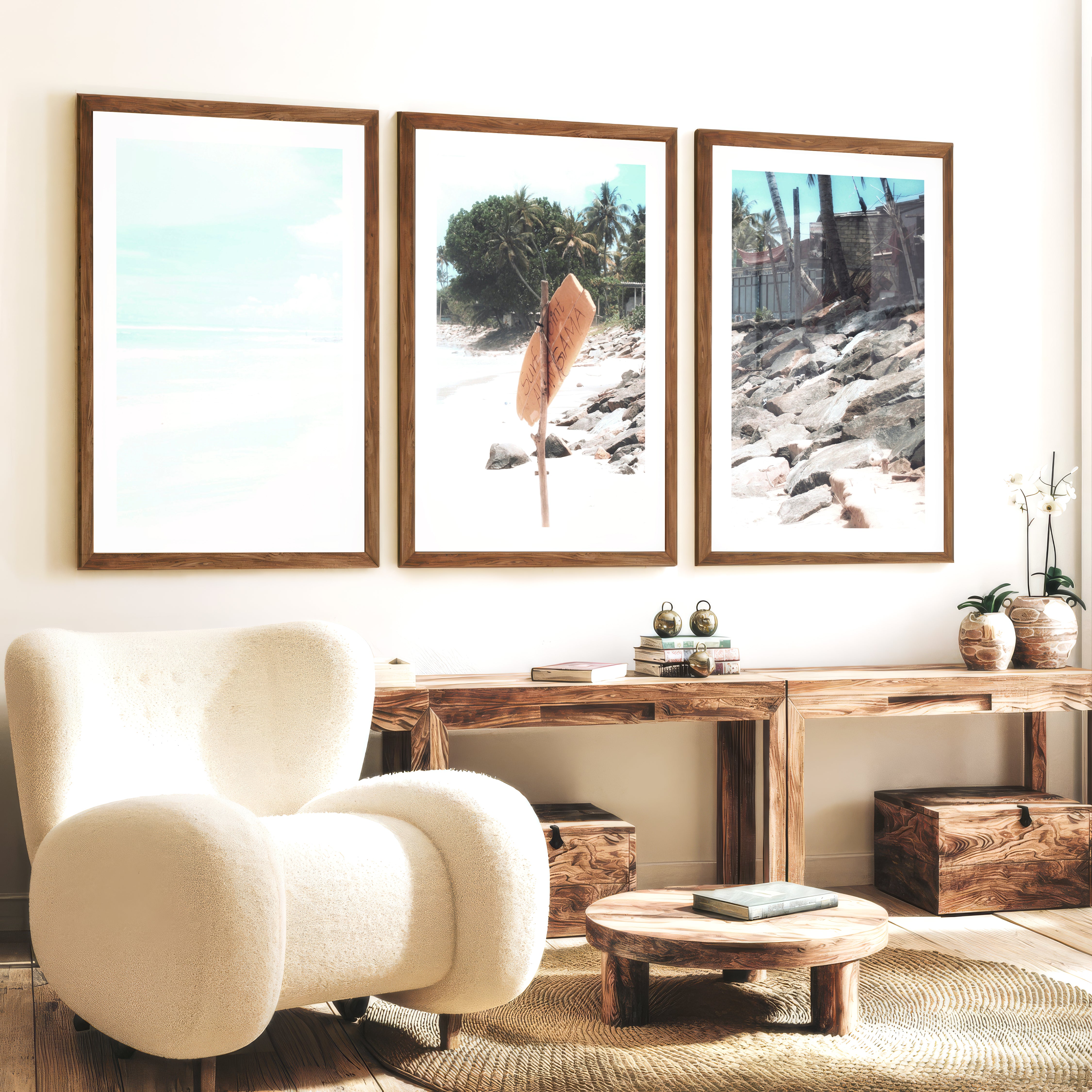 Yellow Surf Sign wall coastal decor - Dark Brown Framed Poster with White Border - Artworksets