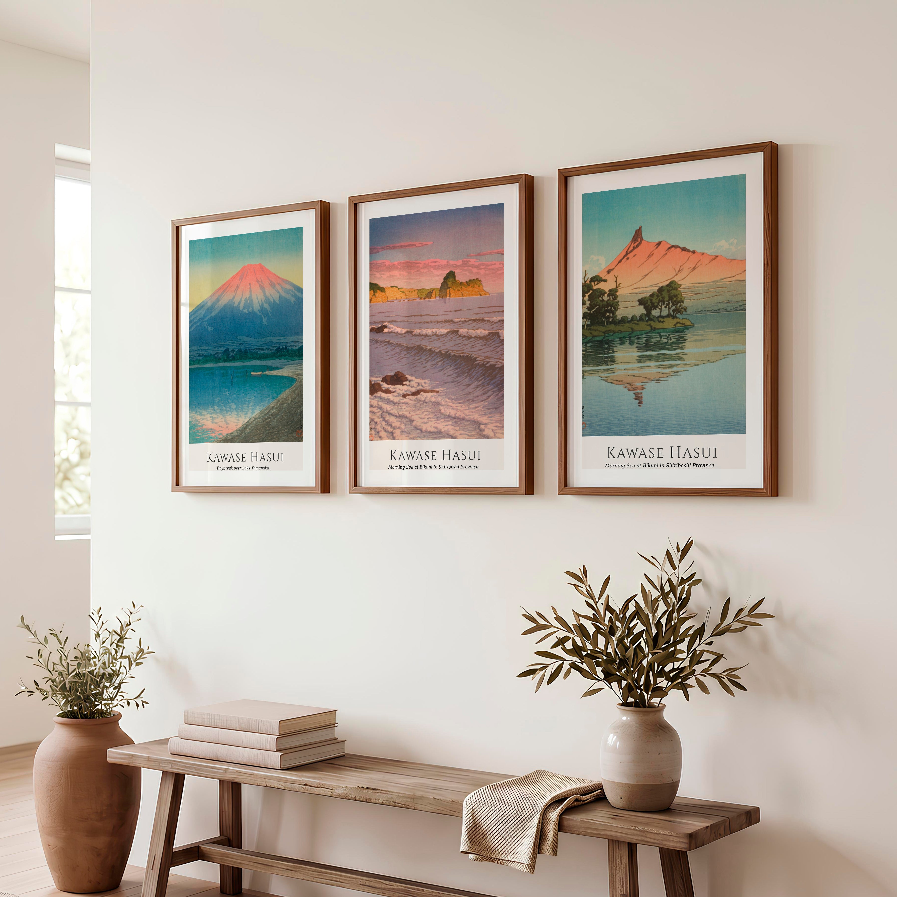 Hasui Mountain Coast Wall Decor Japanese Prints - Dark Brown Framed Poster with White Border - Artworksets