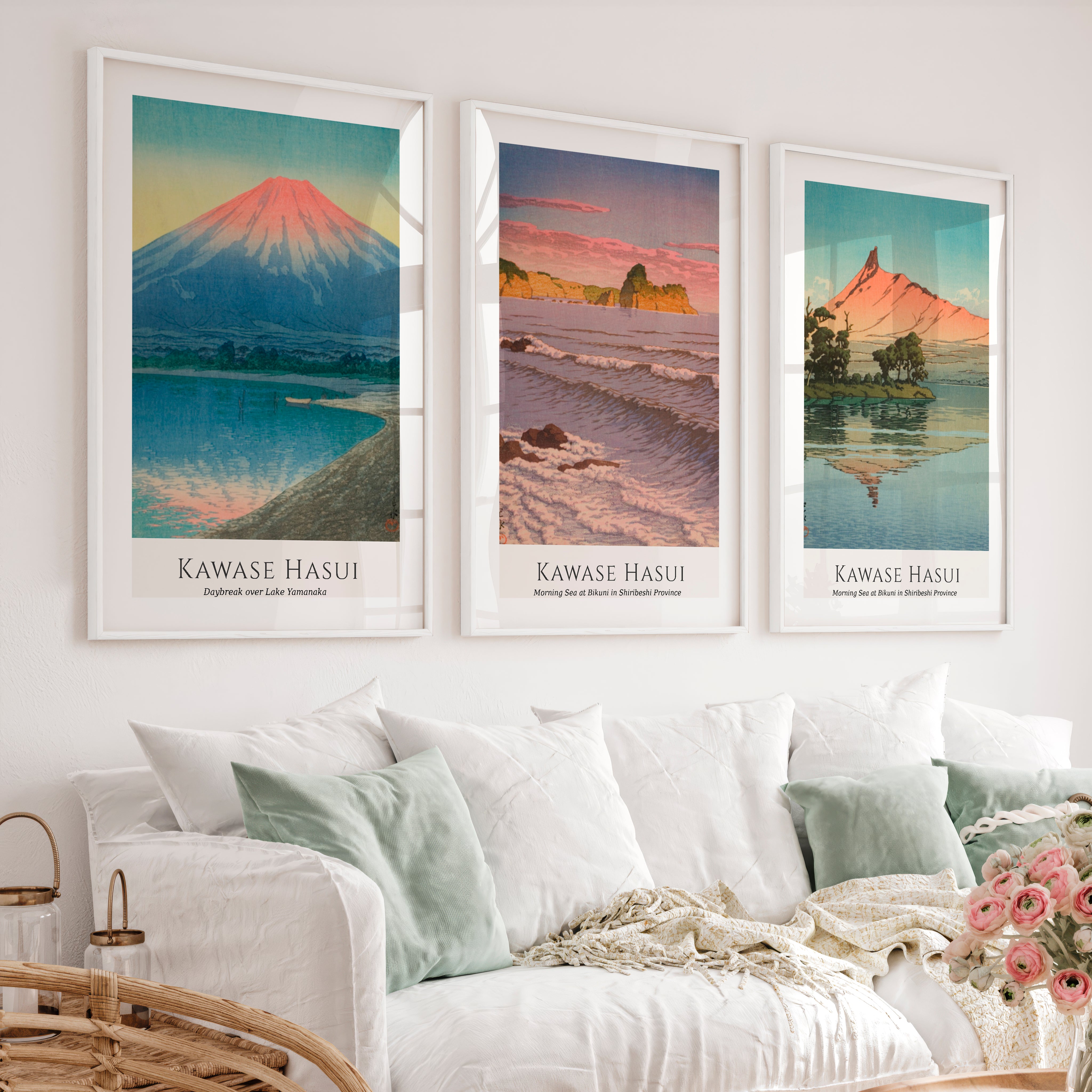 Hasui Mountain Coast Wall Decor Japanese Prints - White Framed Poster with White Border - Artworksets