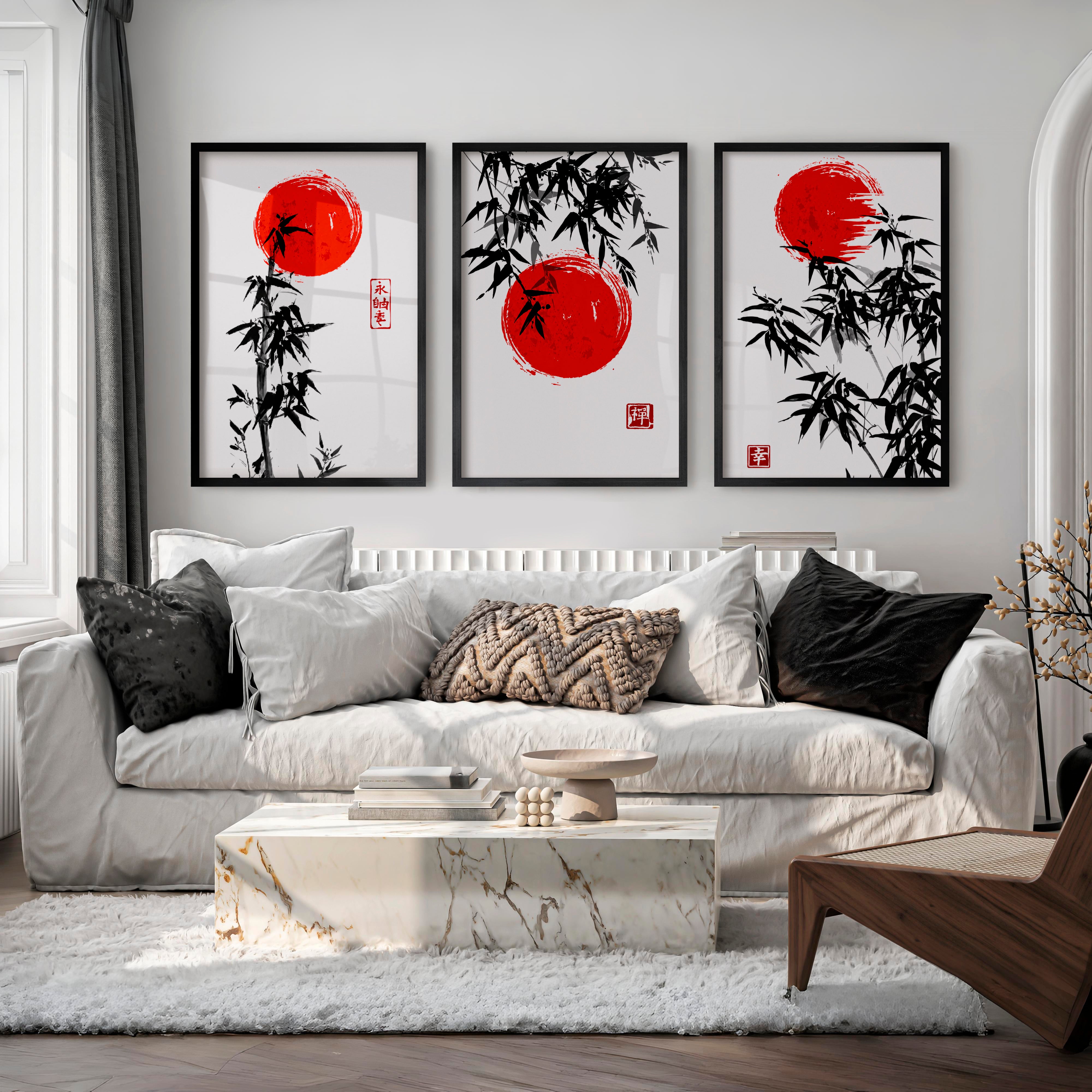 Elegant Wall Decor Japanese Temple Reflection Triptych - Black Framed Poster No Border - Artworksets