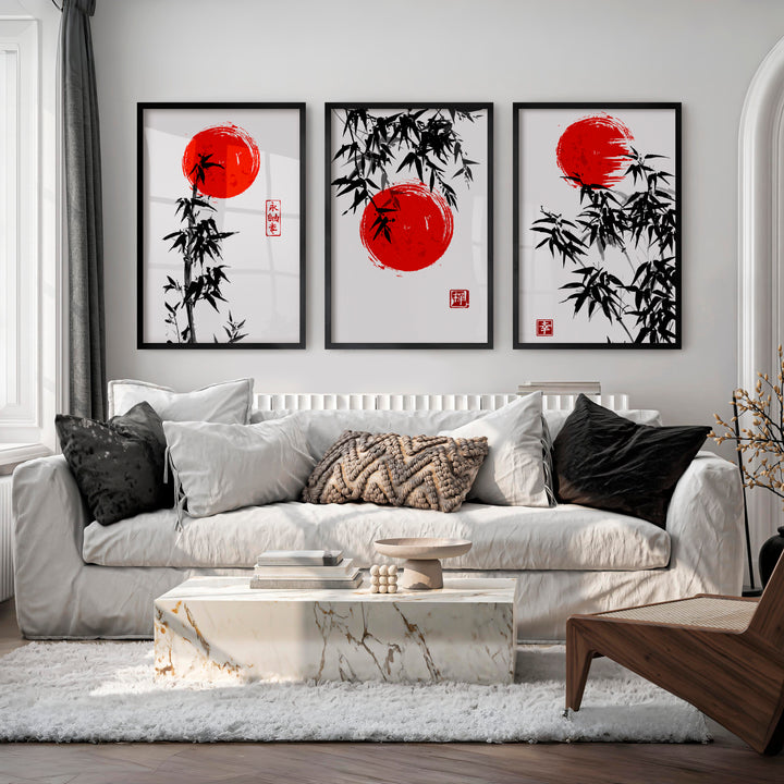 Elegant Wall Decor Japanese Temple Reflection Triptych - Black Framed Poster No Border - Artworksets