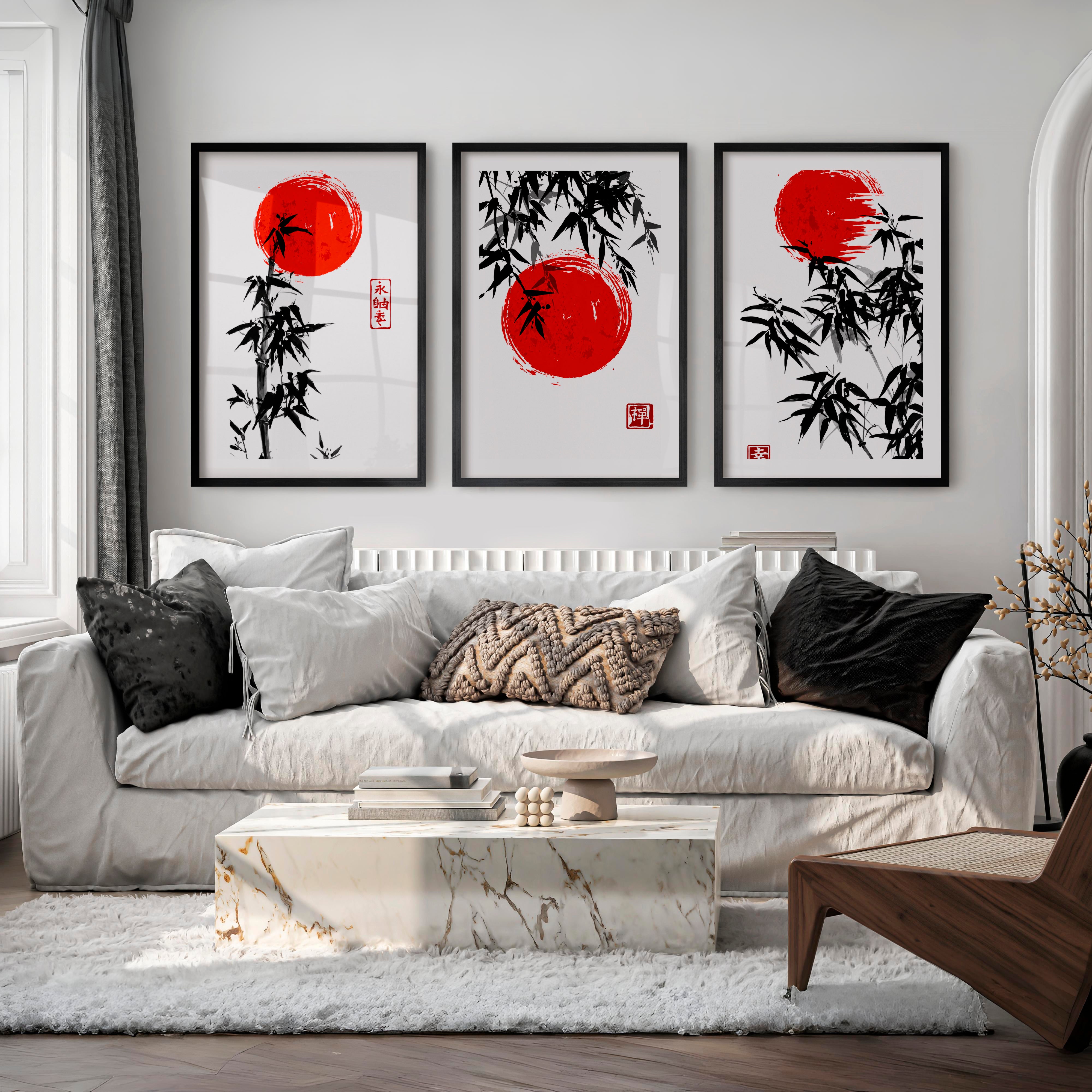 Elegant Wall Decor Japanese Temple Reflection Triptych - Black Framed Poster with White Border - Artworksets