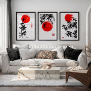 Elegant Wall Decor Japanese Temple Reflection Triptych - Black Framed Poster with White Border - Artworksets