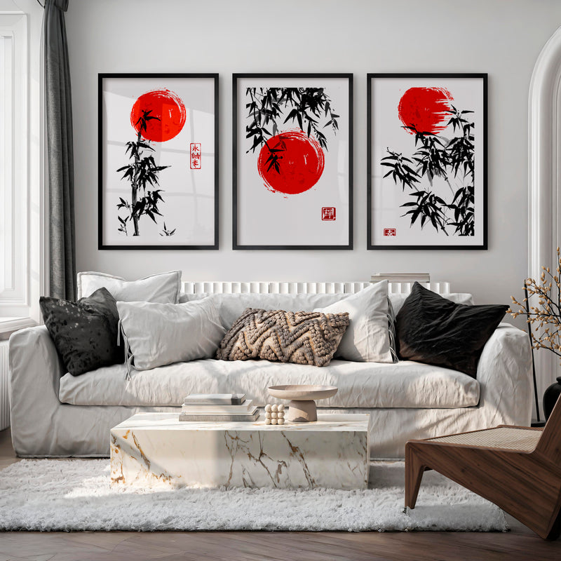 Elegant Wall Decor Japanese Temple Reflection Triptych - Black Framed Poster with White Border - Artworksets