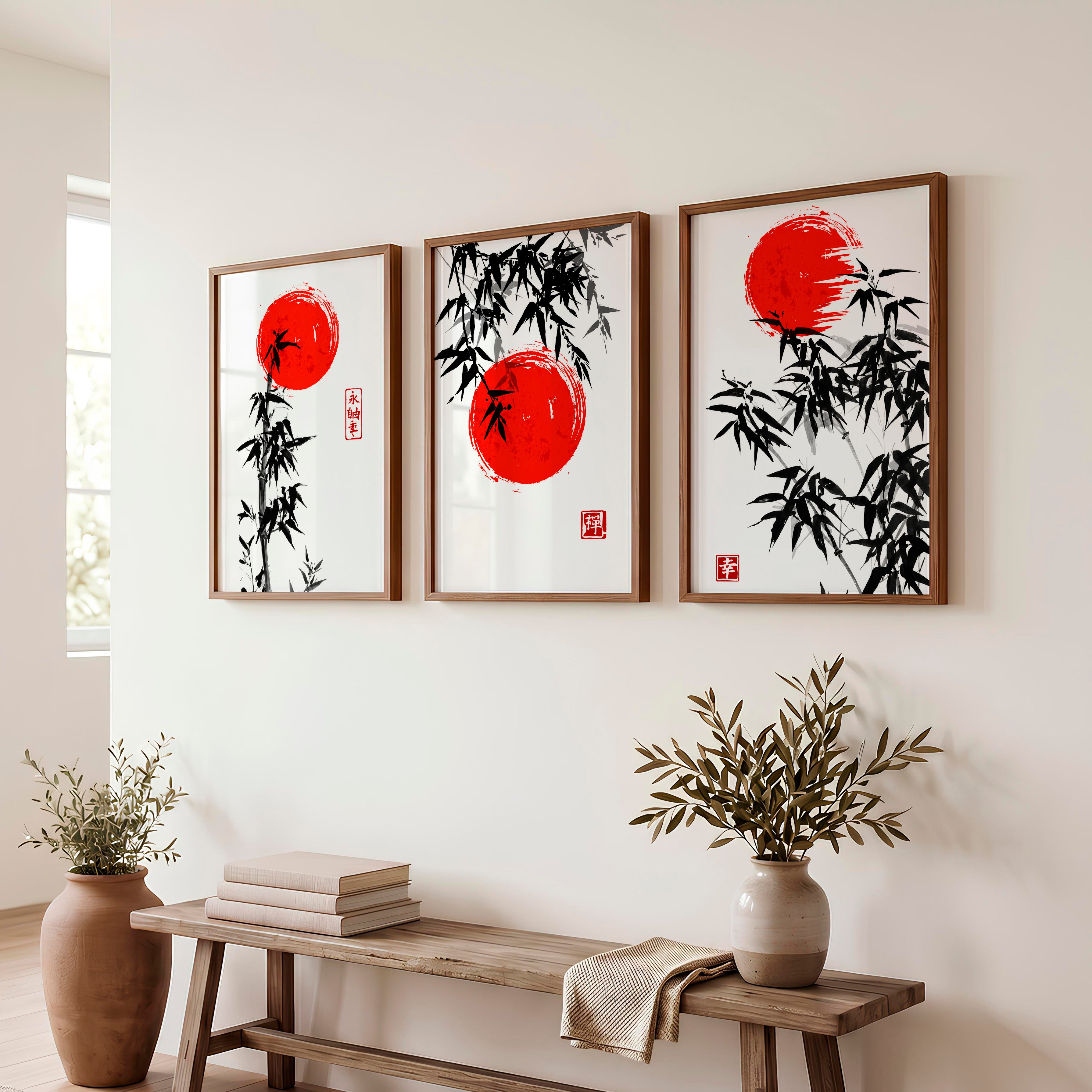 Elegant Wall Decor Japanese Temple Reflection Triptych - Dark Brown Framed Poster No Border - Artworksets