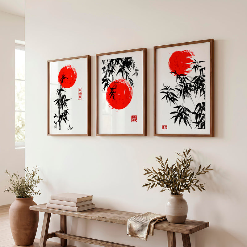 Elegant Wall Decor Japanese Temple Reflection Triptych - Dark Brown Framed Poster with White Border - Artworksets