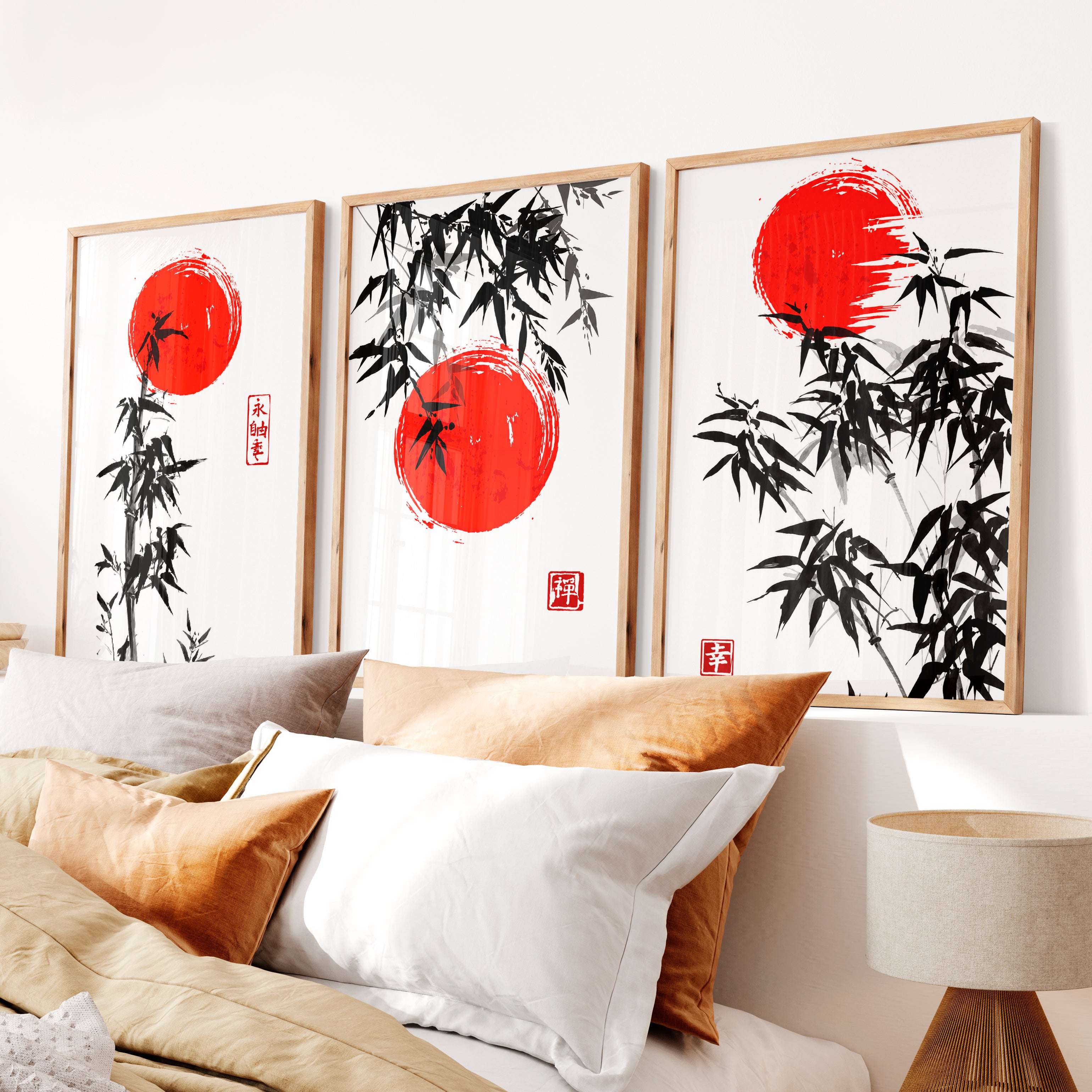 Elegant Wall Decor Japanese Temple Reflection Triptych - Natural Wood Framed Poster No Border - Artworksets