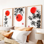 Elegant Wall Decor Japanese Temple Reflection Triptych - Natural Wood Framed Poster No Border - Artworksets