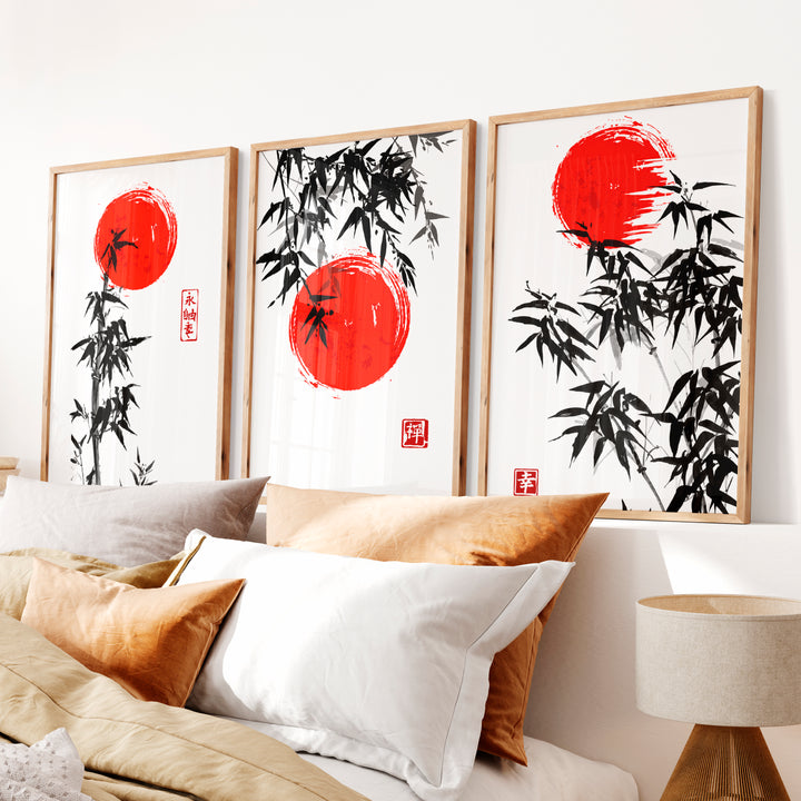 Elegant Wall Decor Japanese Temple Reflection Triptych - Natural Wood Framed Poster No Border - Artworksets