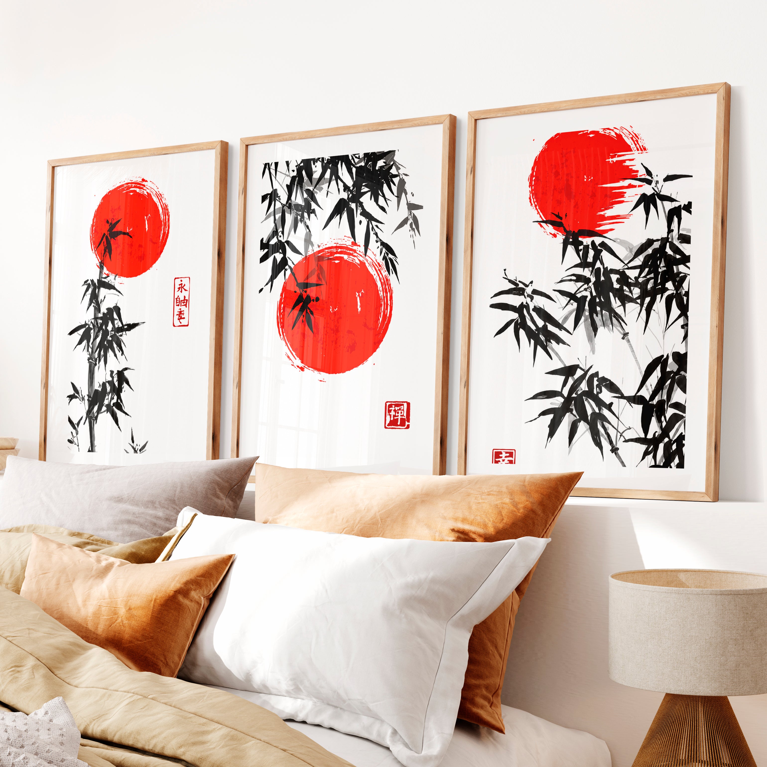 Elegant Wall Decor Japanese Temple Reflection Triptych- Natural Wood Framed Poster with White Border - Artworksets