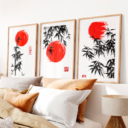 Elegant Wall Decor Japanese Temple Reflection Triptych- Natural Wood Framed Poster with White Border - Artworksets