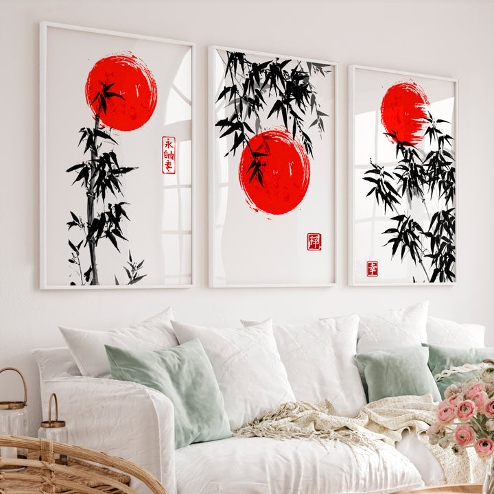 Elegant Wall Decor Japanese Temple Reflection Triptych - White Framed Poster No Border - Artworksets