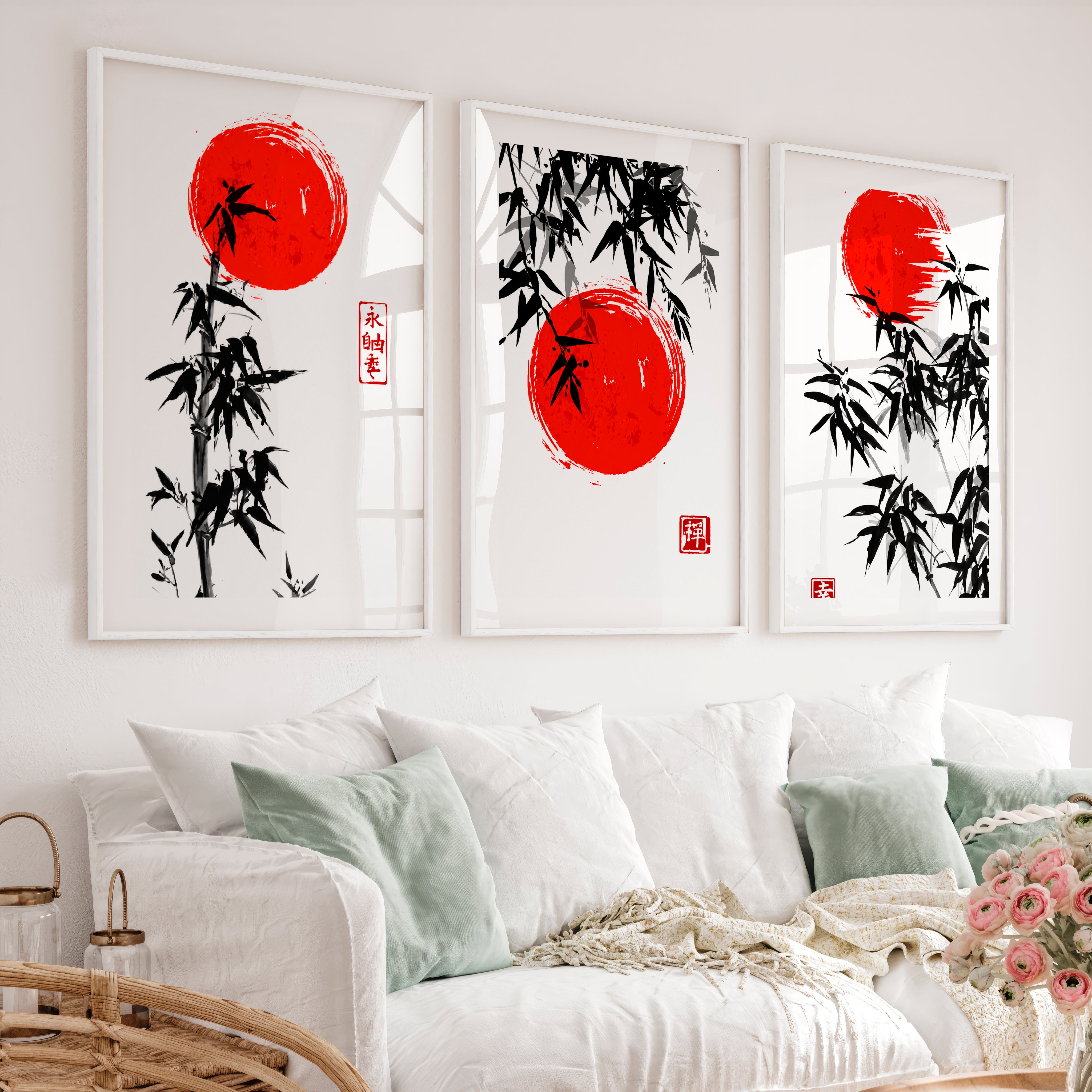 Elegant Wall Decor Japanese Temple Reflection Triptych - White Framed Poster with White Border - Artworksets