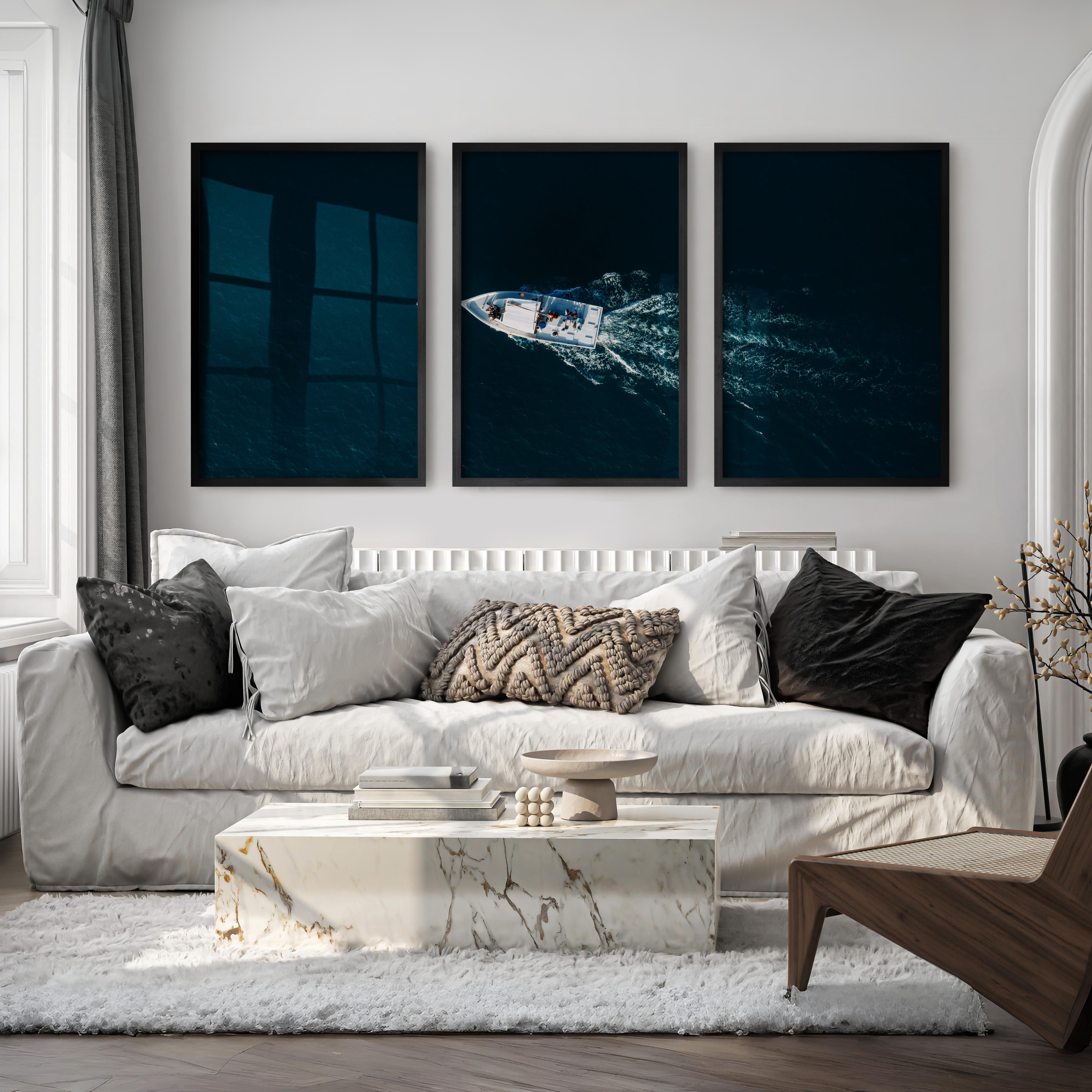 Aerial Boat wall decor ocean Photography - Black Framed Poster No Border - Artworksets