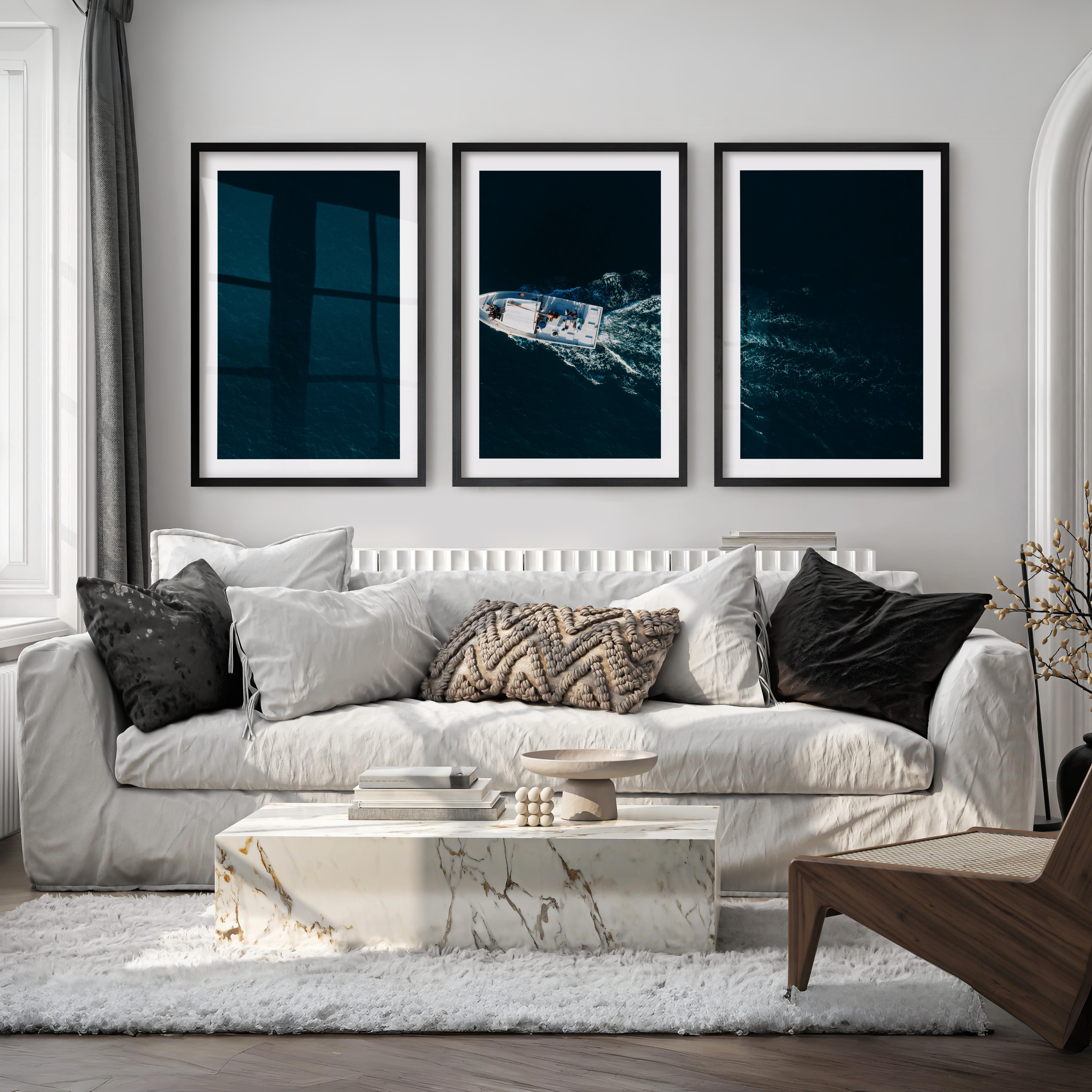 Aerial Boat wall decor ocean Photography - Black Framed Poster with White Border - Artworksets