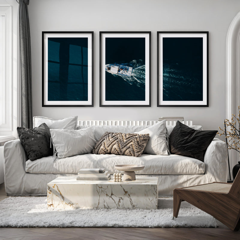 Aerial Boat wall decor ocean Photography - Black Framed Poster with White Border - Artworksets