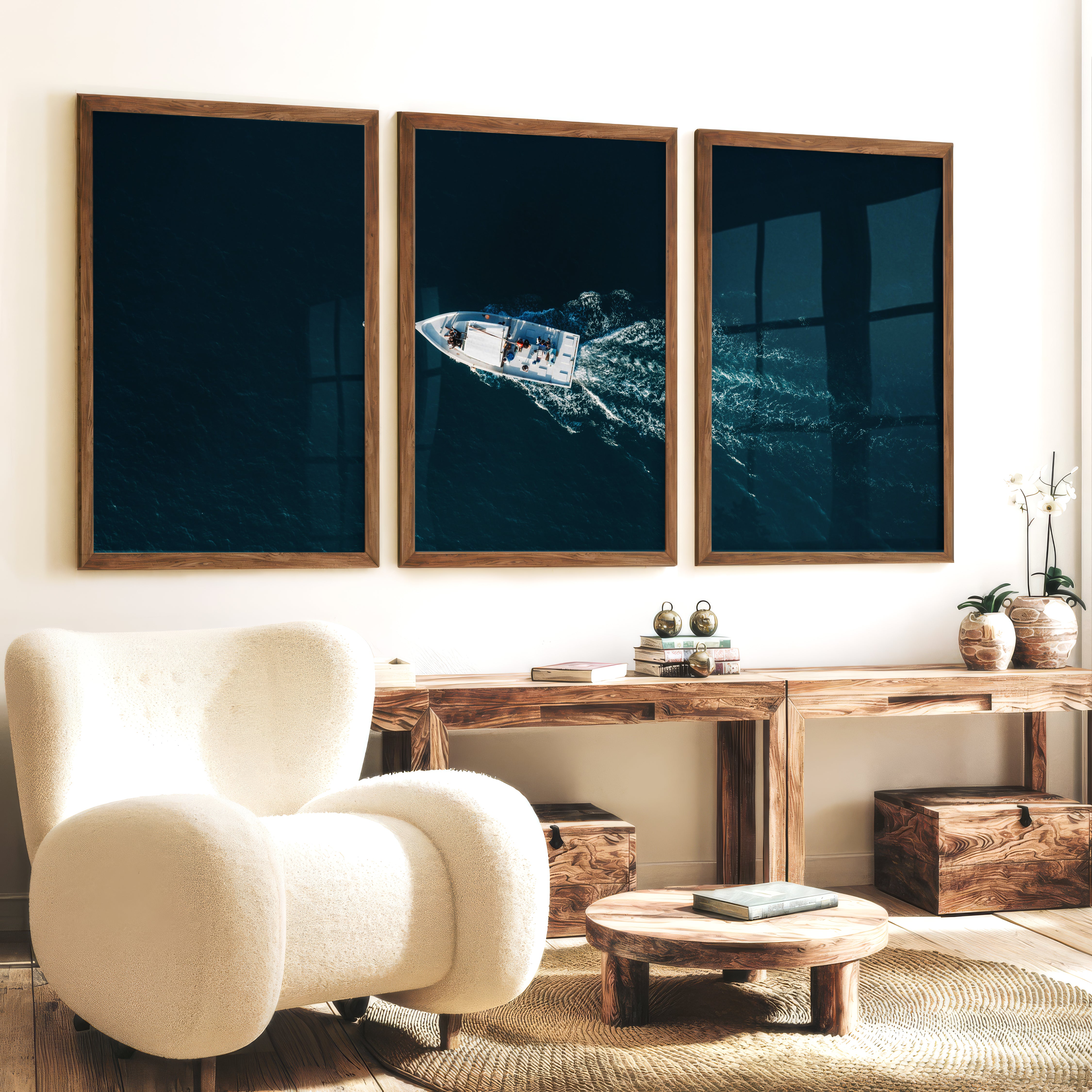 Aerial Boat wall decor ocean Photography - Dark Brown Framed Poster No Border - Artworksets