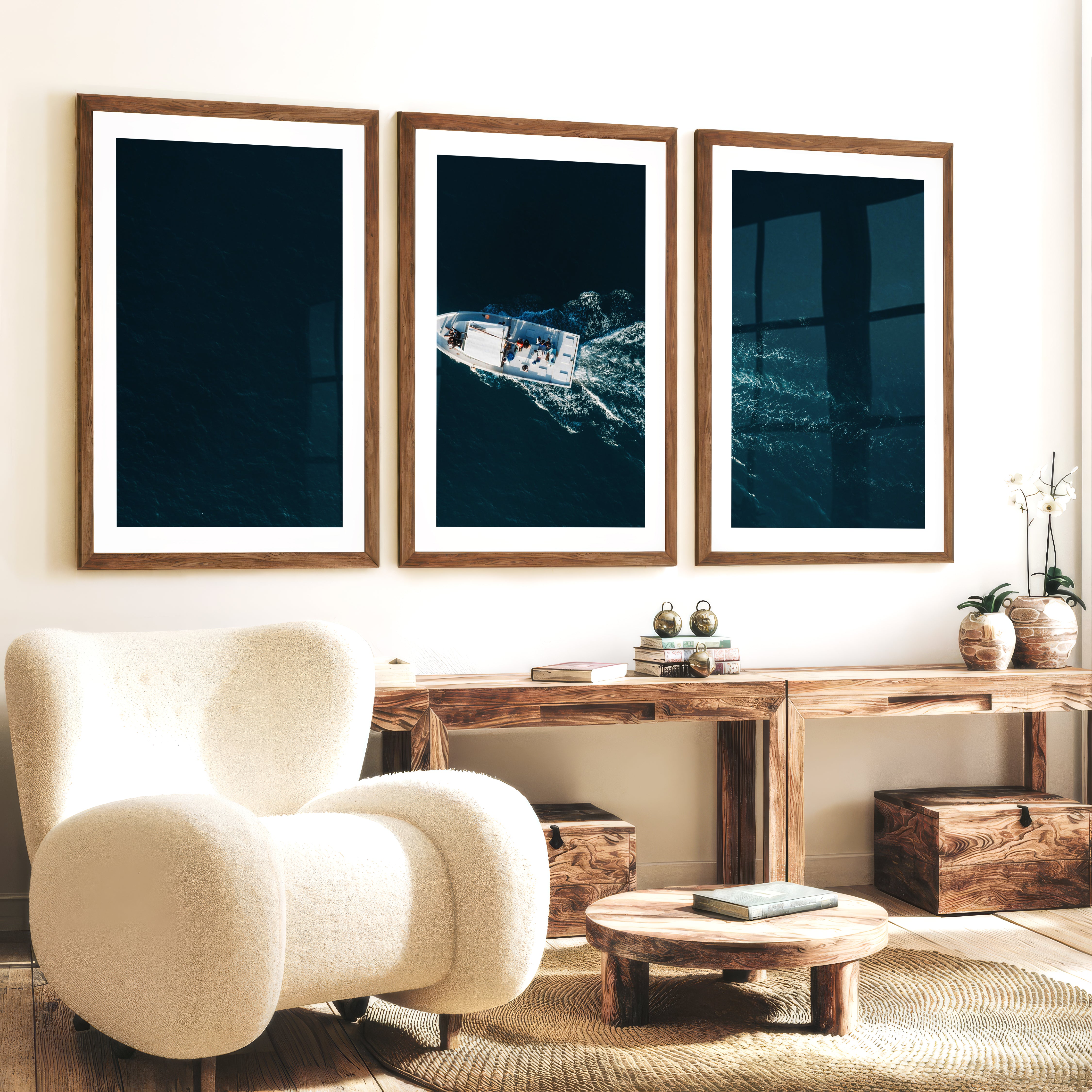 Aerial Boat wall decor ocean Photography - Dark Brown Framed Poster with White Border - Artworksets