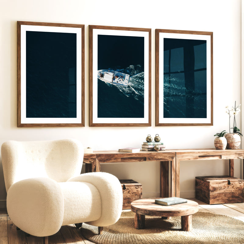 Aerial Boat wall decor ocean Photography - Dark Brown Framed Poster with White Border - Artworksets